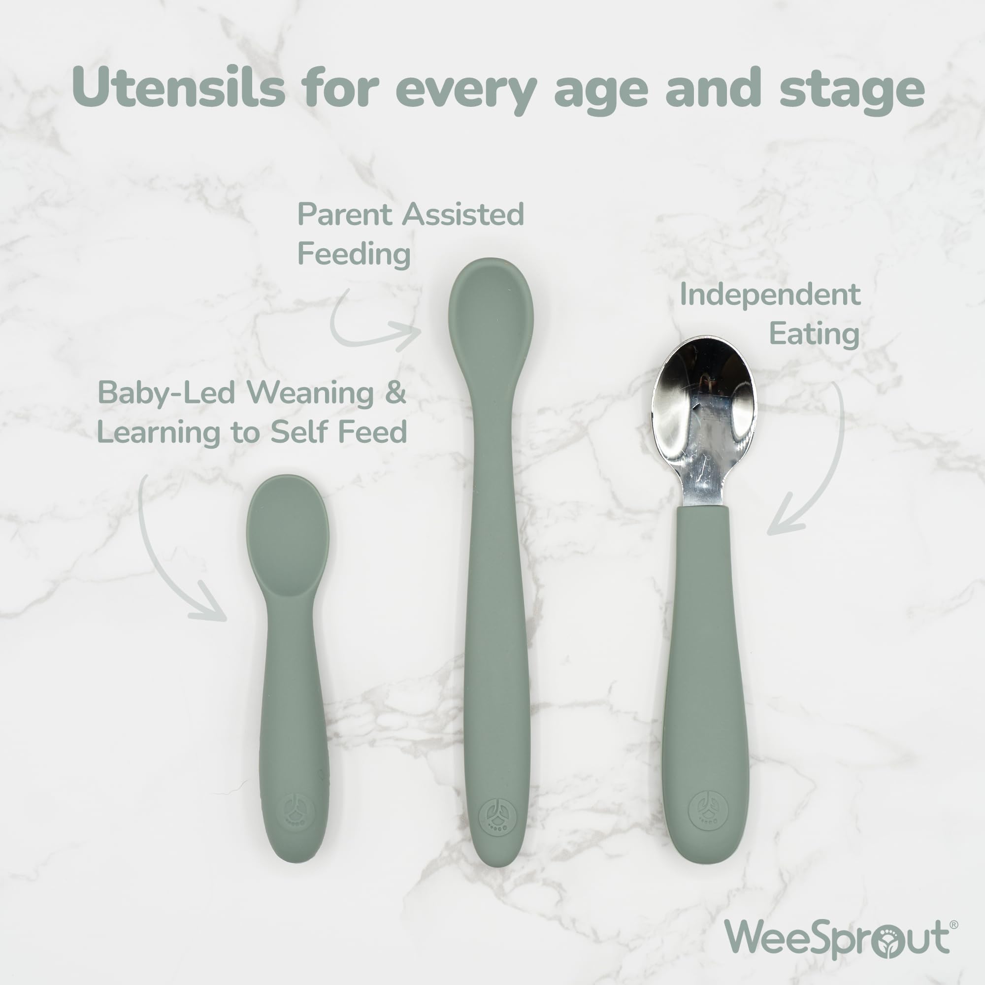 WeeSprout Baby Spoons for Self Feeding - Soft Silicone Infant Utensils for 6+ Months - BPA-Free, Gentle on Gums & Teeth - Easy-Grip Handles for Toddlers - 3-Pack with Travel Case - Perfect for Baby-Led Weaning & On-the-Go Meals