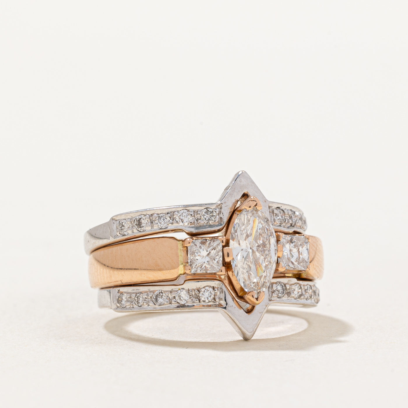 1.04ctw Marquise Cut Diamond Two Tone Gold Wedding Ring Set - Size 6 | Elegant Bridal Jewelry for Engagement & Anniversary Gifts