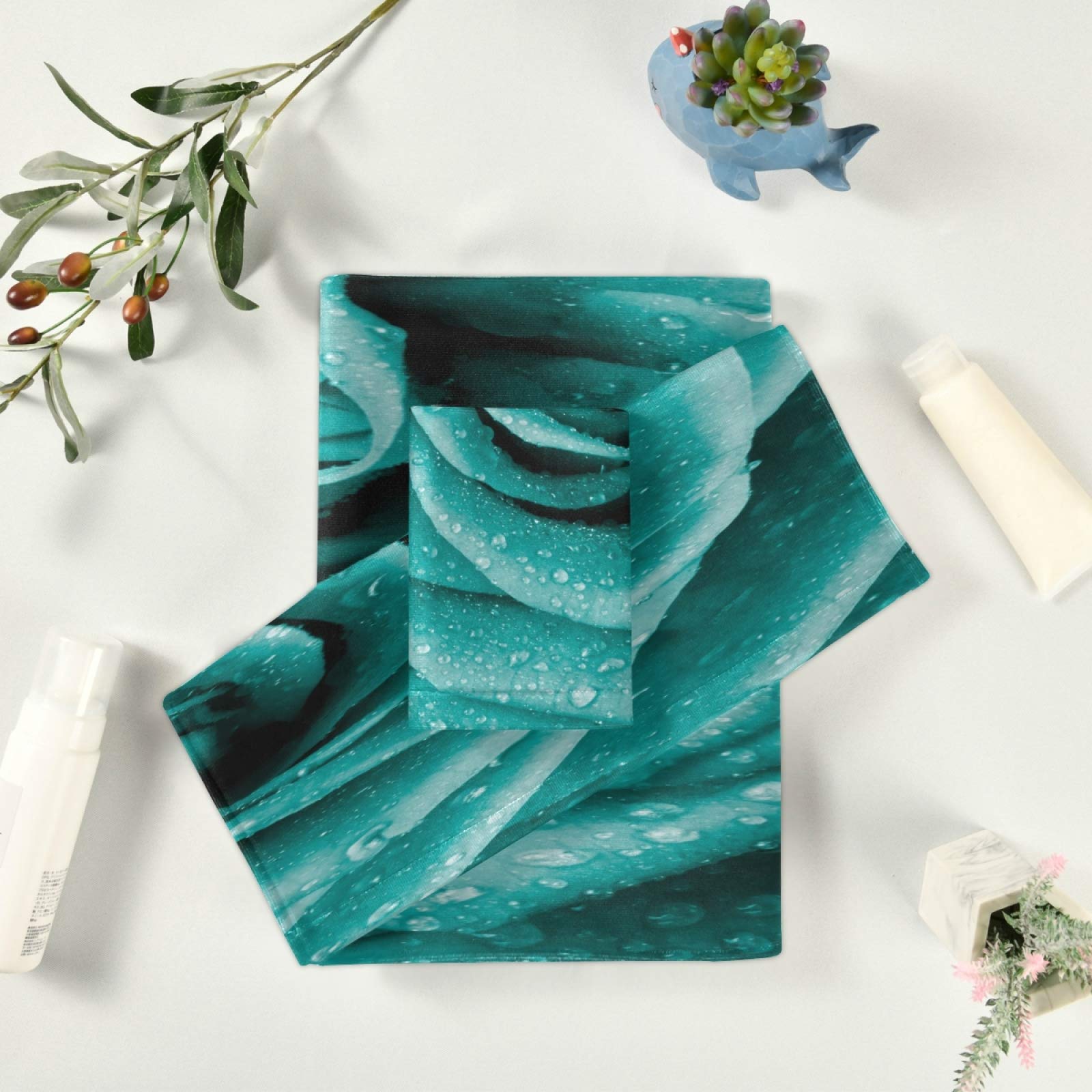 ALAZA 3-Piece Bath Towel Set - Soft Absorbent Quick-Drying Towels (1 Bath Towel, 1 Hand Towel, 1 Washcloth) in Hipster Turquoise Rose Petals Design - Perfect for Spa, Bathroom & Guest Room Decor