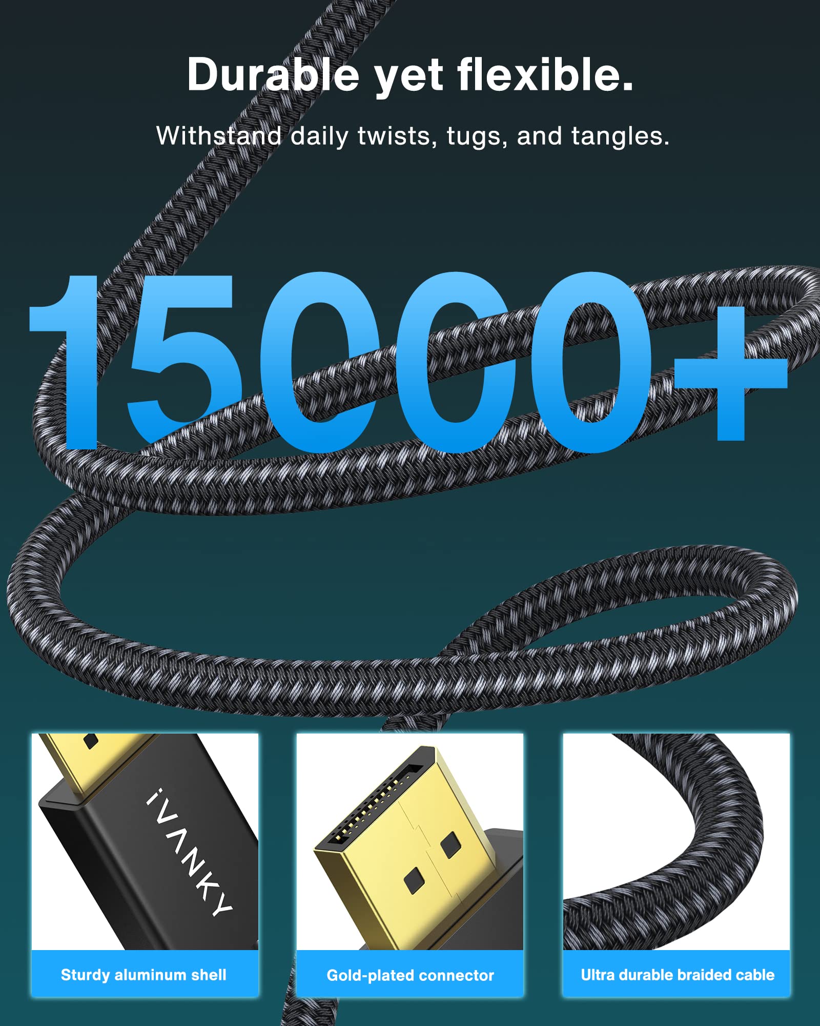 IVANKY 8K DisplayPort Cable 1.4 (3M/10ft) - 8K@60Hz, 4K@144Hz, 2K@165Hz, 32.4Gbps HBR3, HDCP 2.2, Gold-Plated Connectors - Compatible with Gaming Monitors, TVs, Laptops & PCs - Perfect for Esports, 4K/8K Video Editing & Home Theater Setup