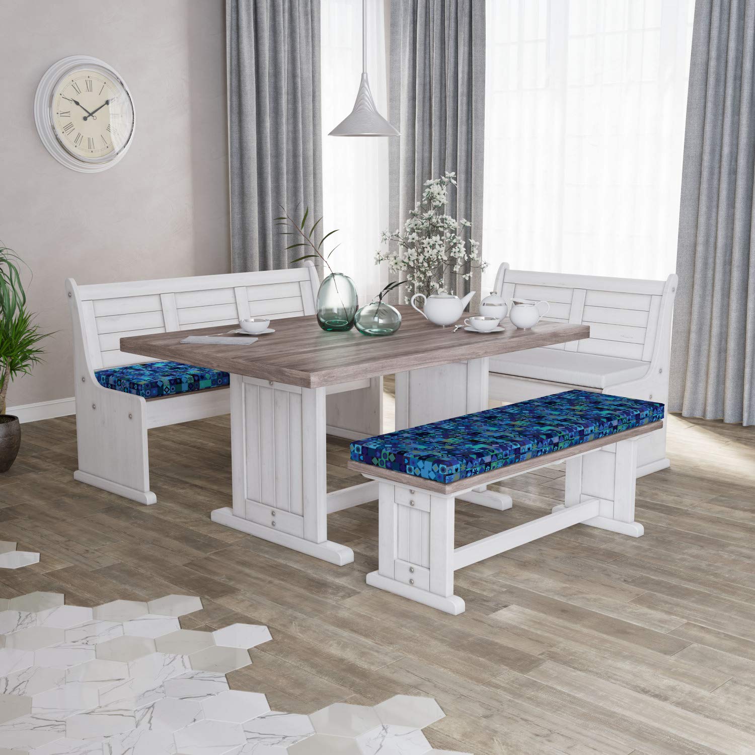 Ambesonne 2-Piece Indigo Bench Cushion Set with Foam Pad - Modern Playing Cards Inspired Design with Hearts, Circles, Squares & Flowers - 45