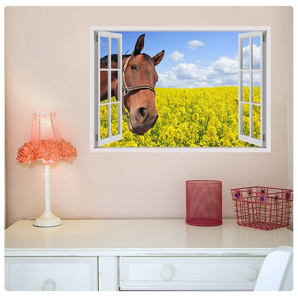 Alonline Art - Fake 3D Window Horse in Field Wall Sticker Vinyl Decal | 39x28 Inches (100x71cm) | High Definition Wall Art for Living Room Decor | Perfect for Home, Office & Nursery Wallpaper
