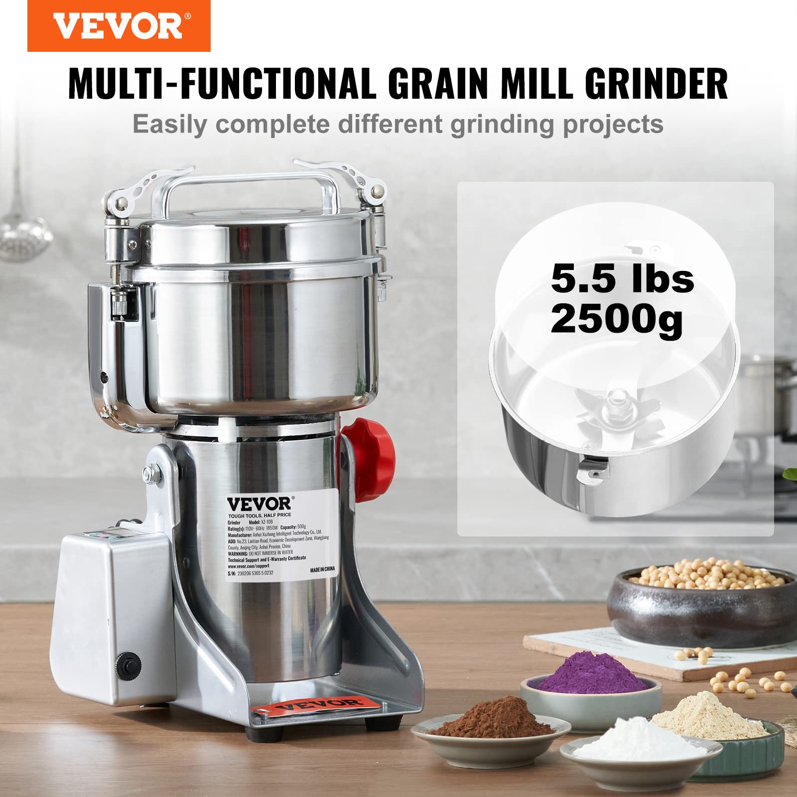 VEVOR 2500g Commercial Electric Grain Grinder - 3750W High-Speed Stainless Steel Mill for Coffee, Corn, Pepper & Dry Grains - Perfect for Bakeries, Restaurants & Home Kitchens