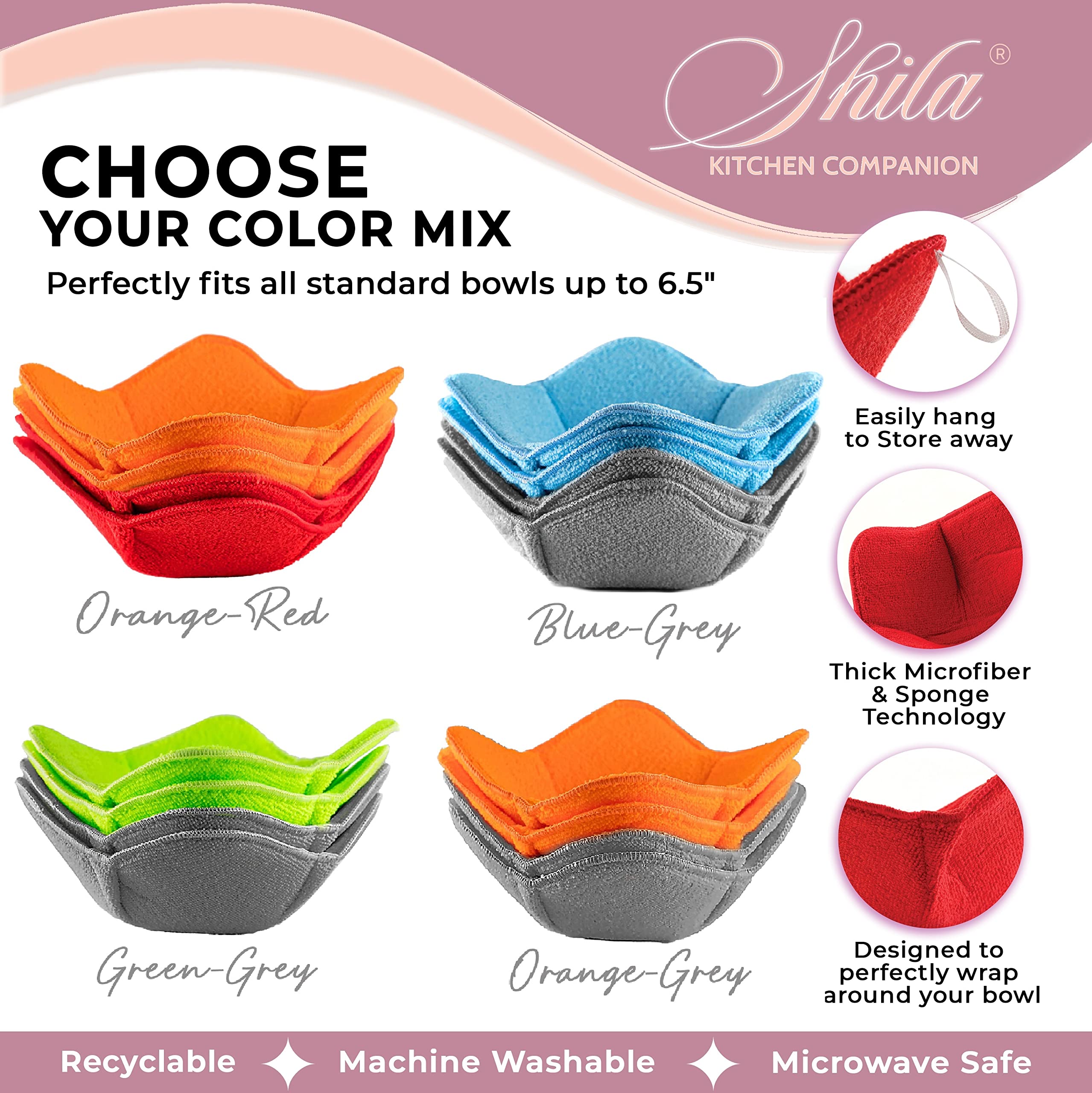 SHILA Bowl Snuggies - Set of 4 Colorful Microwave Safe Bowl Holders | Heat Resistant Polyester & Sponge Cozies for Hot Soup, Rice, Pasta Bowls | Keep Hands Cool & Food Warm | Perfect for Family Dinners, Office Lunches & Picnics