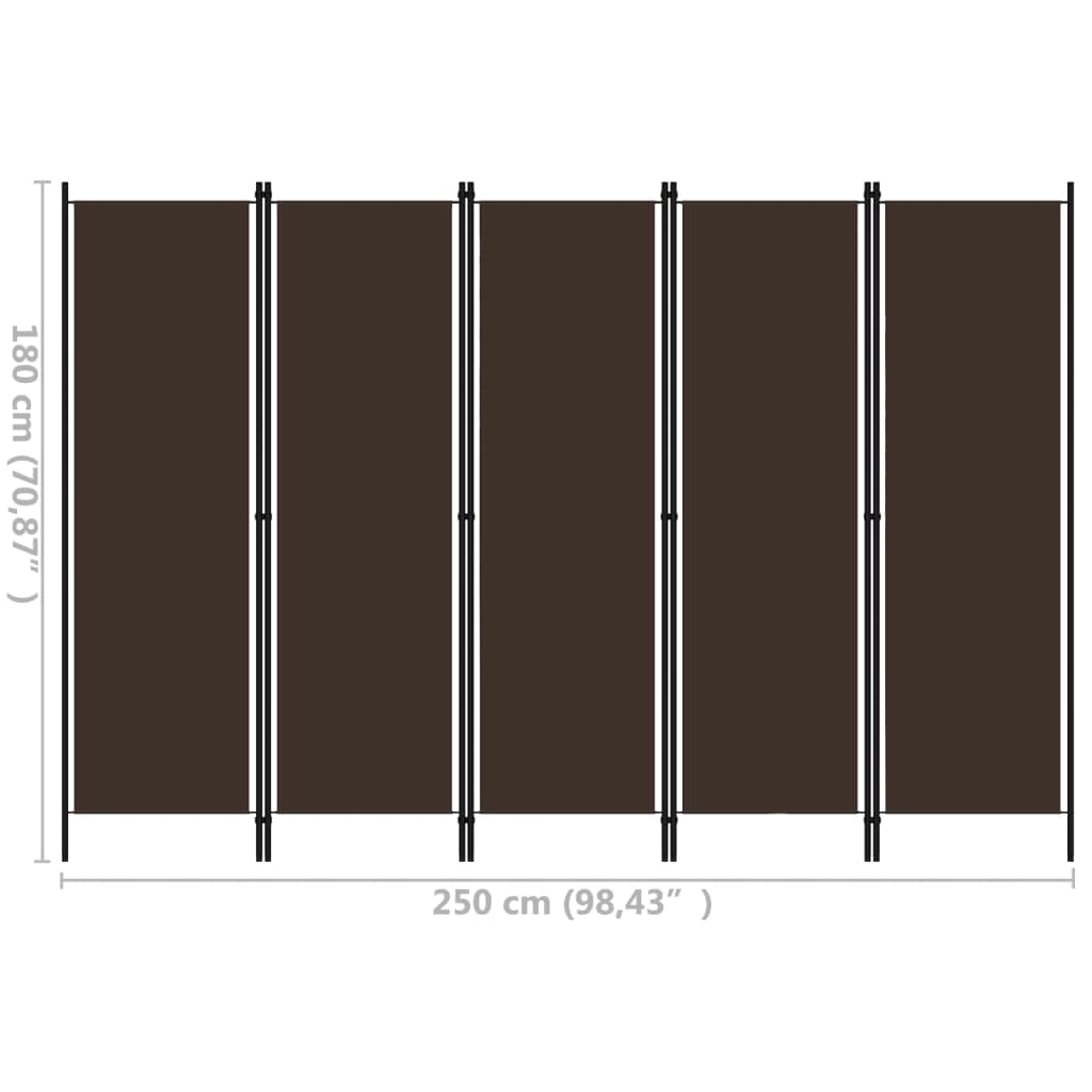 VidaXL 5-Panel Freestanding Room Divider with Durable Powder-Coated Iron Frame & Brown Fabric Screens - Multifunctional Privacy Screen for Bedroom, Living Room, Office or Studio - Perfect for Space Partition & Home Decor