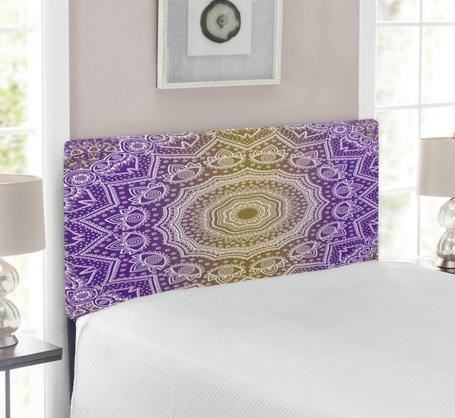 Ambesonne Twin Size Upholstered Metal Headboard with Memory Foam - Yellow & Purple Mandala Ombre Design, Deep Mystic Cosmic Pattern | Perfect for Bedroom Decor, Meditation Spaces & Boho Chic Interiors