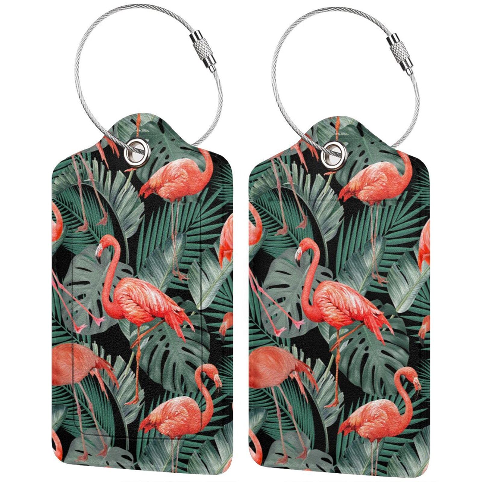 2 PCS PU Leather Luggage Tags with Stainless Steel Loop & Privacy Cover ID Label - Durable Travel Bag Tags for Suitcases, Backpacks & Carry-Ons (Flamingo Design) - Perfect for Air Travel, Vacation & Business Trips