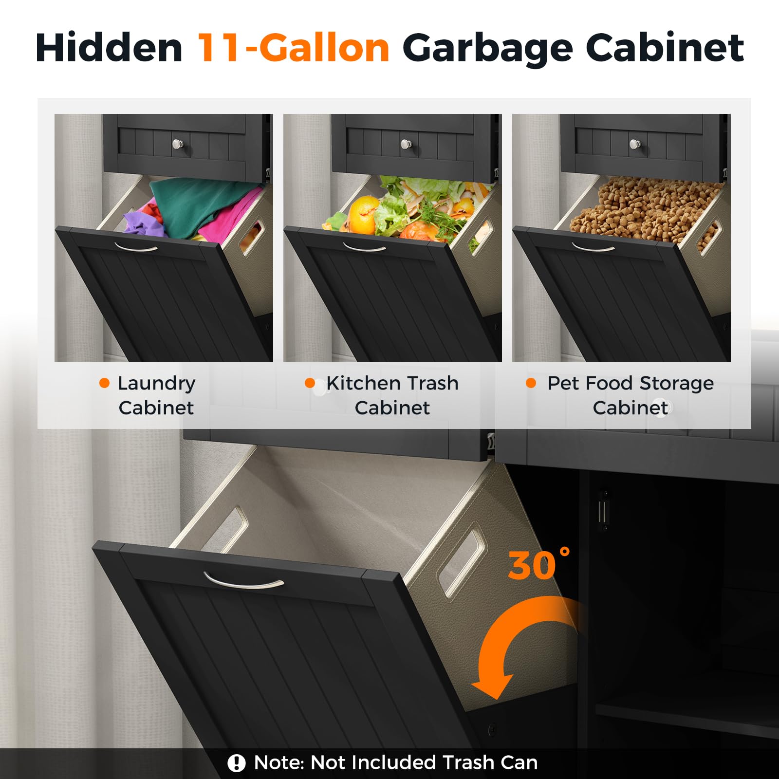Freestanding Tilt-Out Trash Cabinet with 2 Drawers & Adjustable Shelf - Rubber Wood Countertop Kitchen Island Organizer, Laundry Hamper & Pet-Proof Recycle Bin Holder (Black) - Perfect for Small Kitchens, Laundry Rooms & Pet-Friendly Homes
