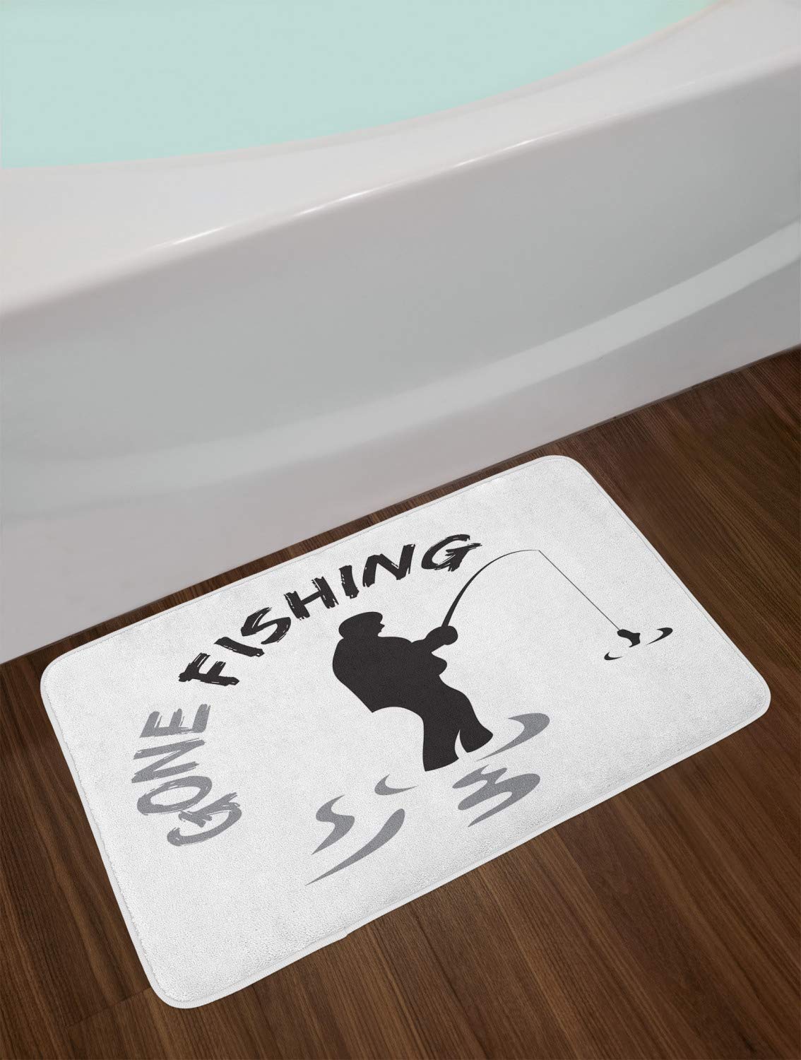 Ambesonne Non-Slip Fishing Bath Mat - Plush Charcoal & Pale Grey Decor with Man Silhouette Print, 30.2x20 Inches - Perfect for Bathroom, Lake House, or Fishing Enthusiast's Home Decor