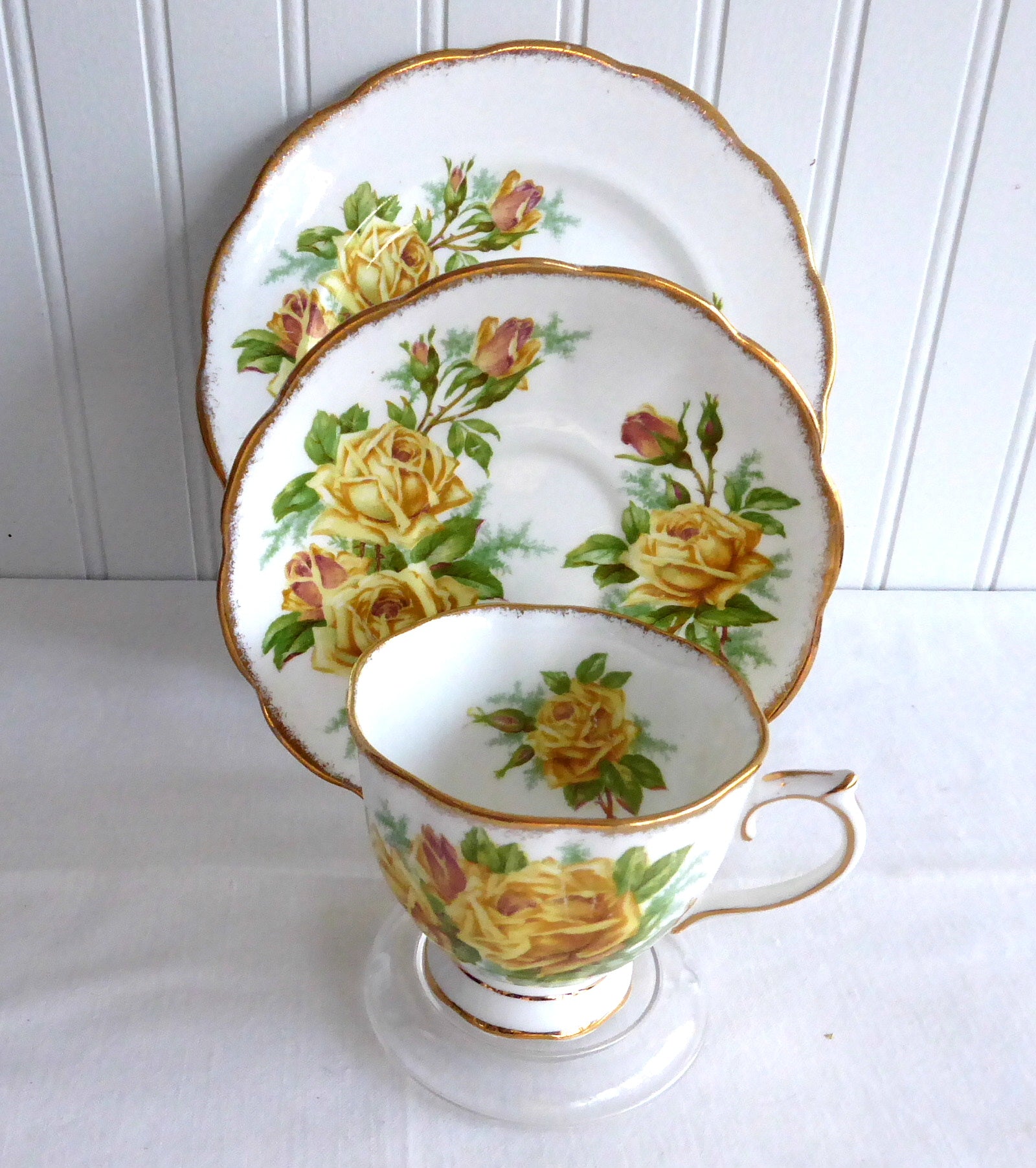 Vintage Royal Albert Tea Rose Trio Set - Yellow Roses English Bone China Teacups (1940s) | Elegant Afternoon Tea, Bridal Shower, Collectible Display