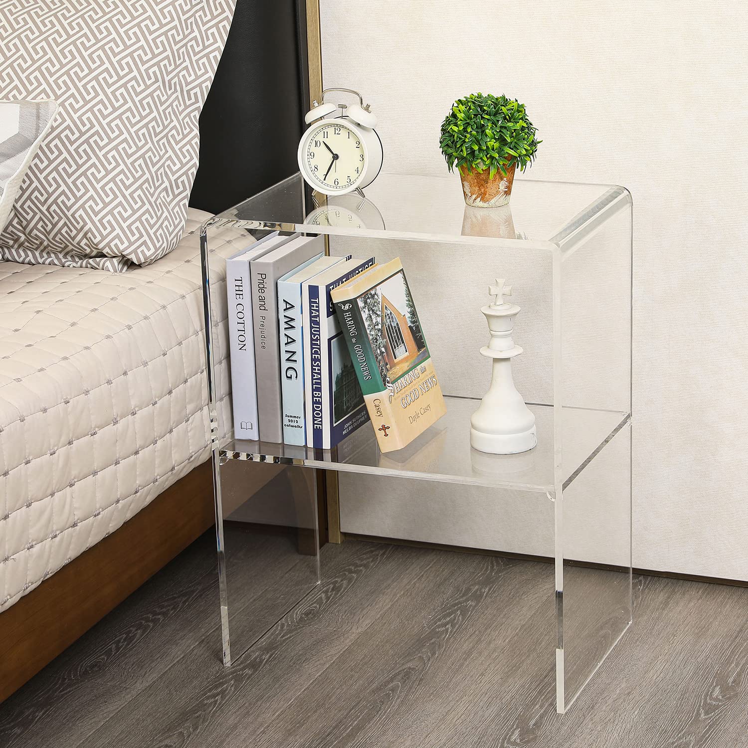 24 Inch Clear Acrylic End Table with 2-Tier Shelf - Modern Living Room Side Table & Bedroom Nightstand - Stylish Home Decor for Small Spaces, Dorm Rooms & Apartment Living