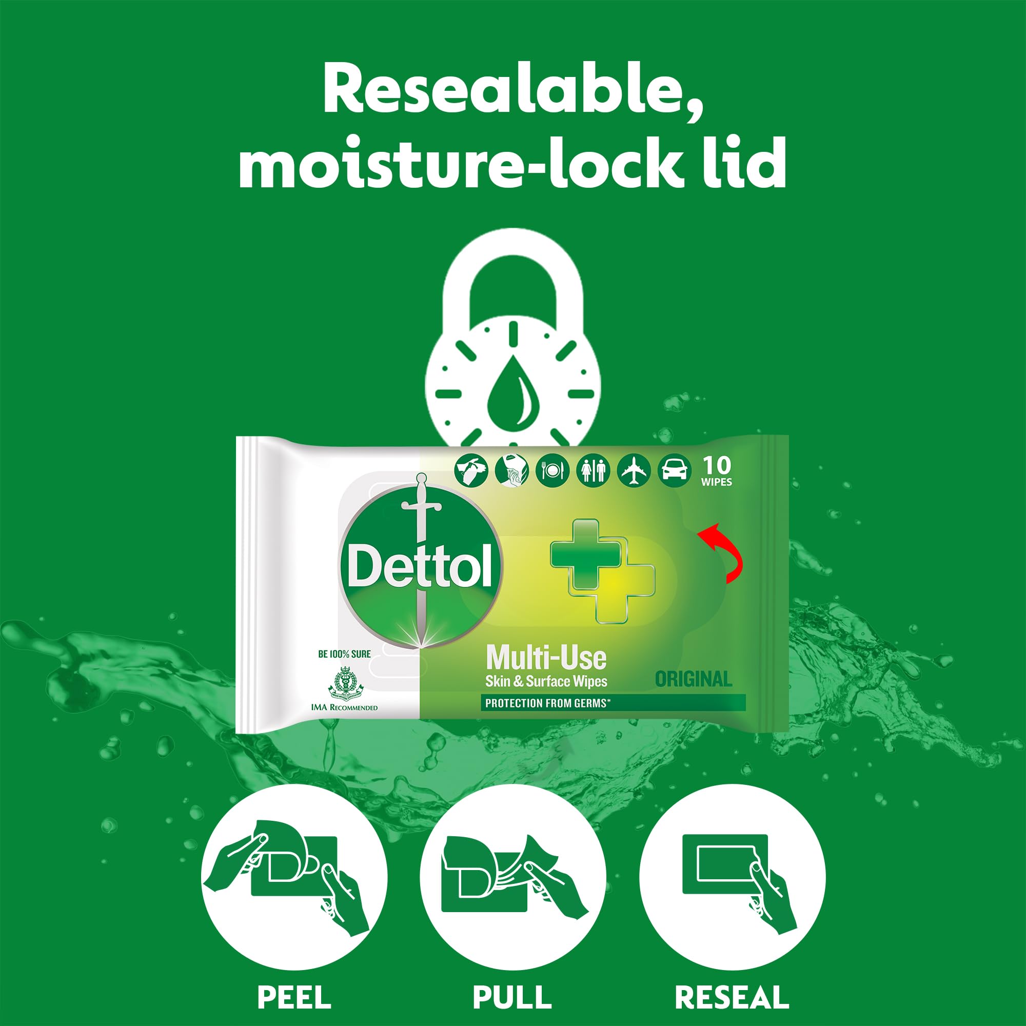 Dettol Germ Protection Wet Wipes for Skin & Surfaces, Original Scent - 10 Count Pack with Moisture-Lock Lid | Antibacterial Cleaning Wipes for Home, Office & Travel Use