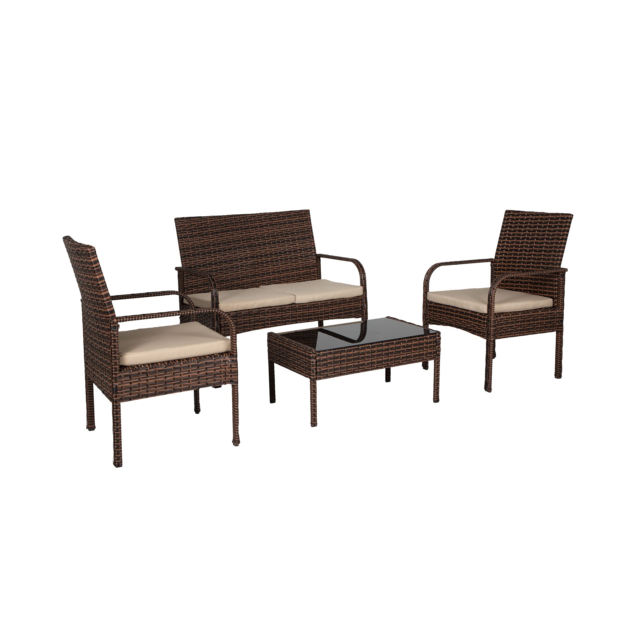 WestinTrends Roadhill 4-Piece All-Weather PE Rattan Patio Furniture Set - Brown & Beige Wicker Loveseat with Tempered Glass Coffee Table - Perfect for Outdoor Garden, Poolside, and Backyard Relaxation