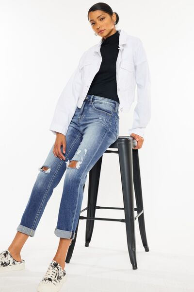 Kancan Women's High Waist Distressed Hem Cropped Straight Jeans - Trendy Denim Pants for Casual Outfits, Street Style & Everyday Wear