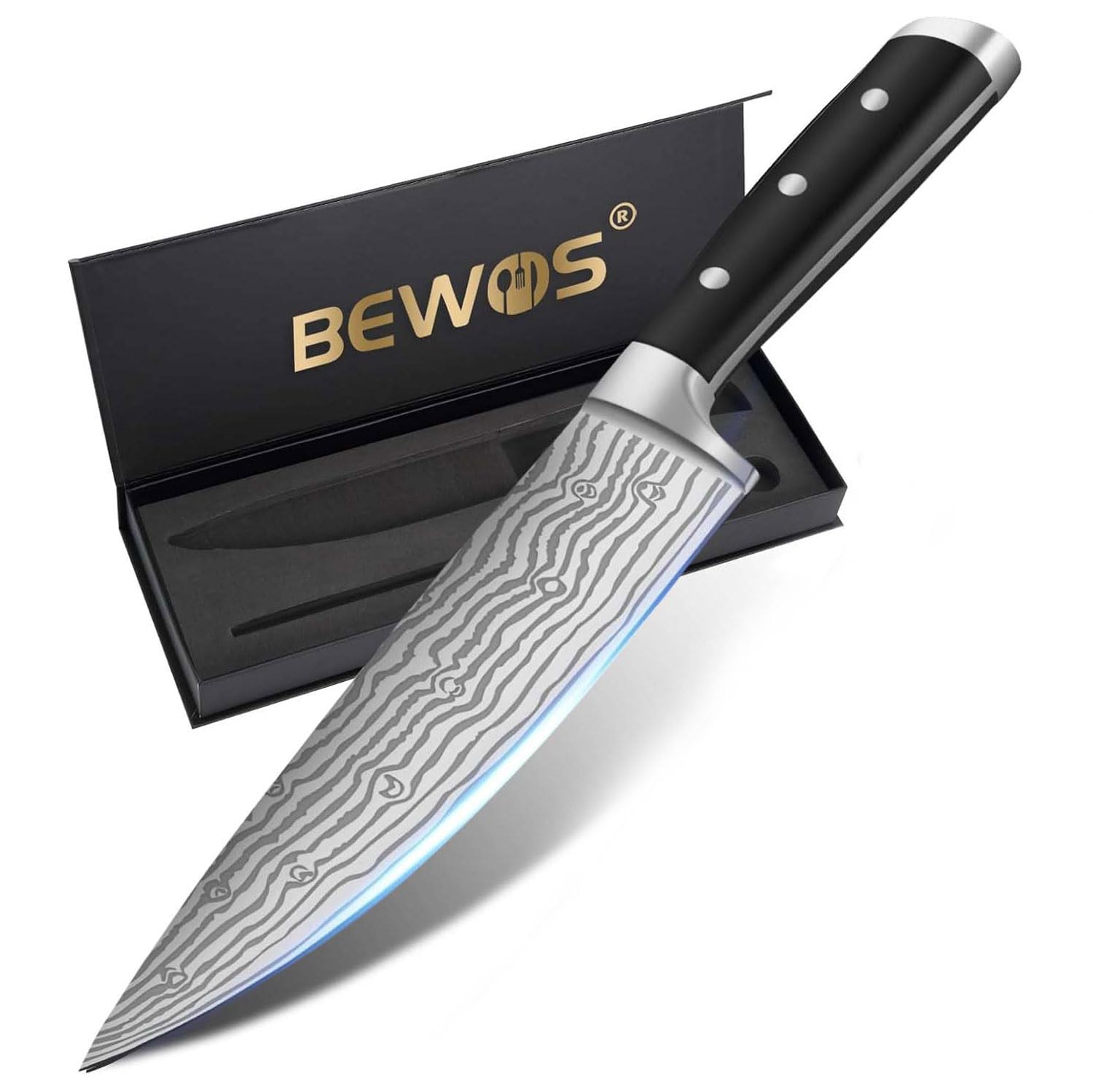 BEWOS 8.3-Inch Professional Chef Knife Set with Sharpener - Ultra Sharp Stainless Steel Kitchen Knives for Cooking, Slicing & Chopping - Ergonomic Handle & Gift Box - Perfect for Home Chefs & Professional Kitchens