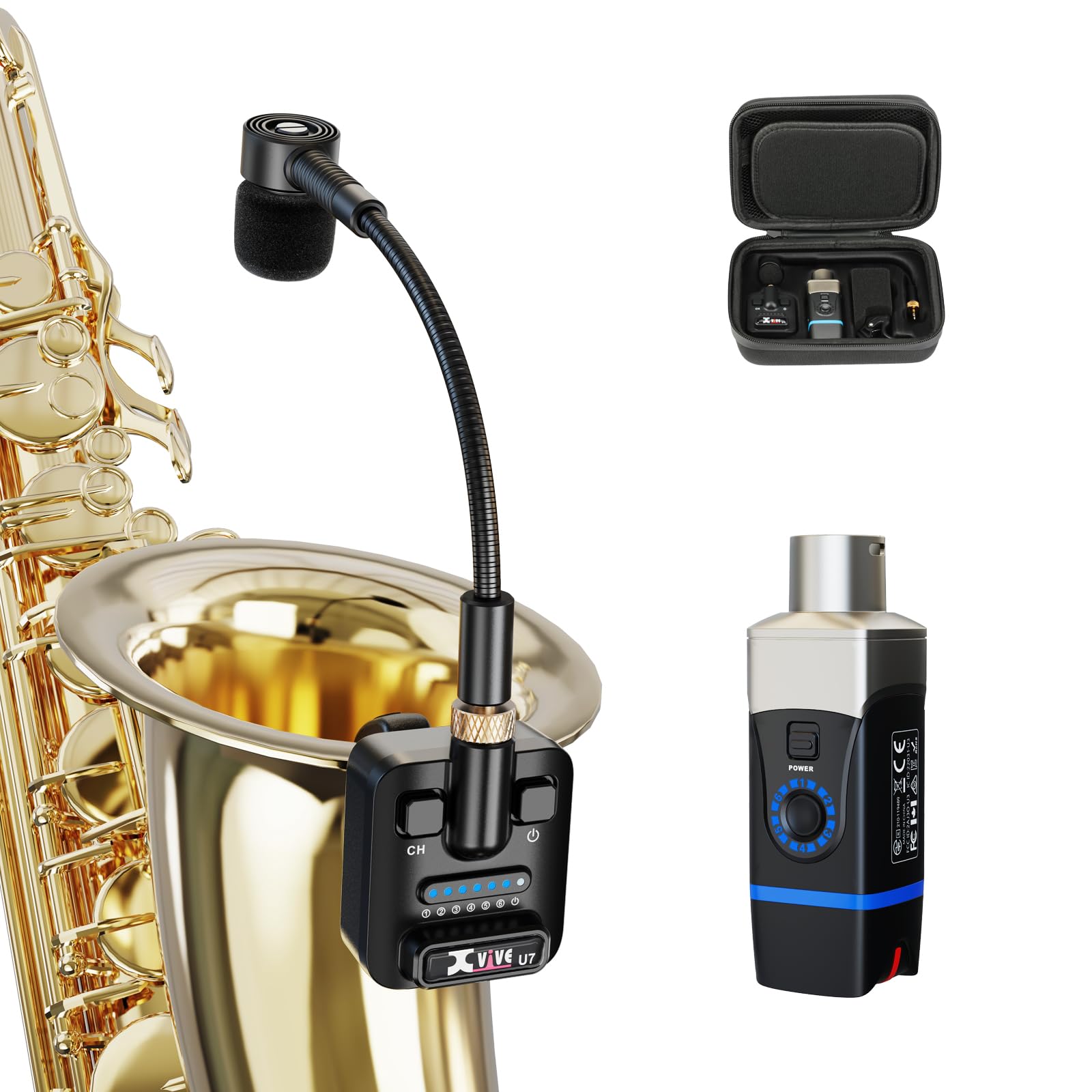 Xvive U7 2.4GHz Wireless Saxophone Microphone System - Professional Wireless Mic for Saxophone, Trumpet, Trombone & Brass Instruments - Perfect for Live Performances, Studio Recording & Stage Shows