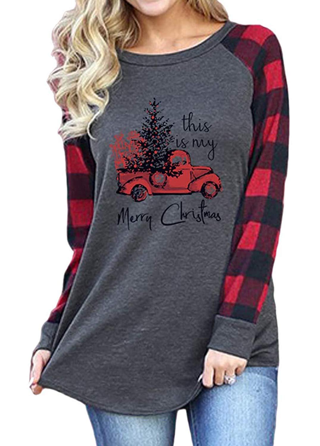 Women's Merry Christmas Shirts - Long Sleeve Plaid Raglan Graphic Tee for Holiday Movie Nights & Cozy Winter Outfits