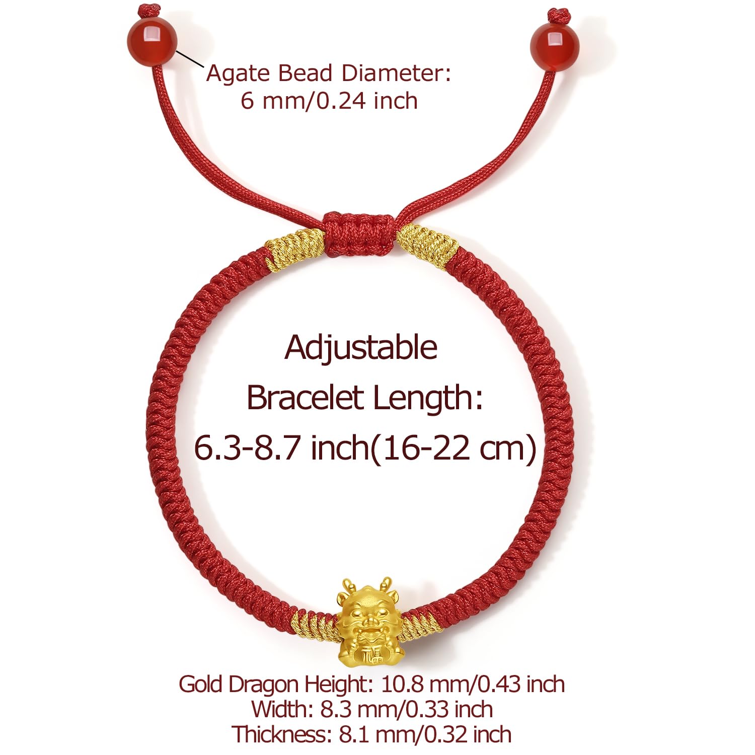 24K Gold Dragon Charm Bracelet - Adjustable Solid Gold Beaded Bangle with Red Braided Rope for Good Luck | Trendy Fashion Jewelry Gift for Women & Men | Perfect for Daily Wear, Special Occasions & Spiritual Protection