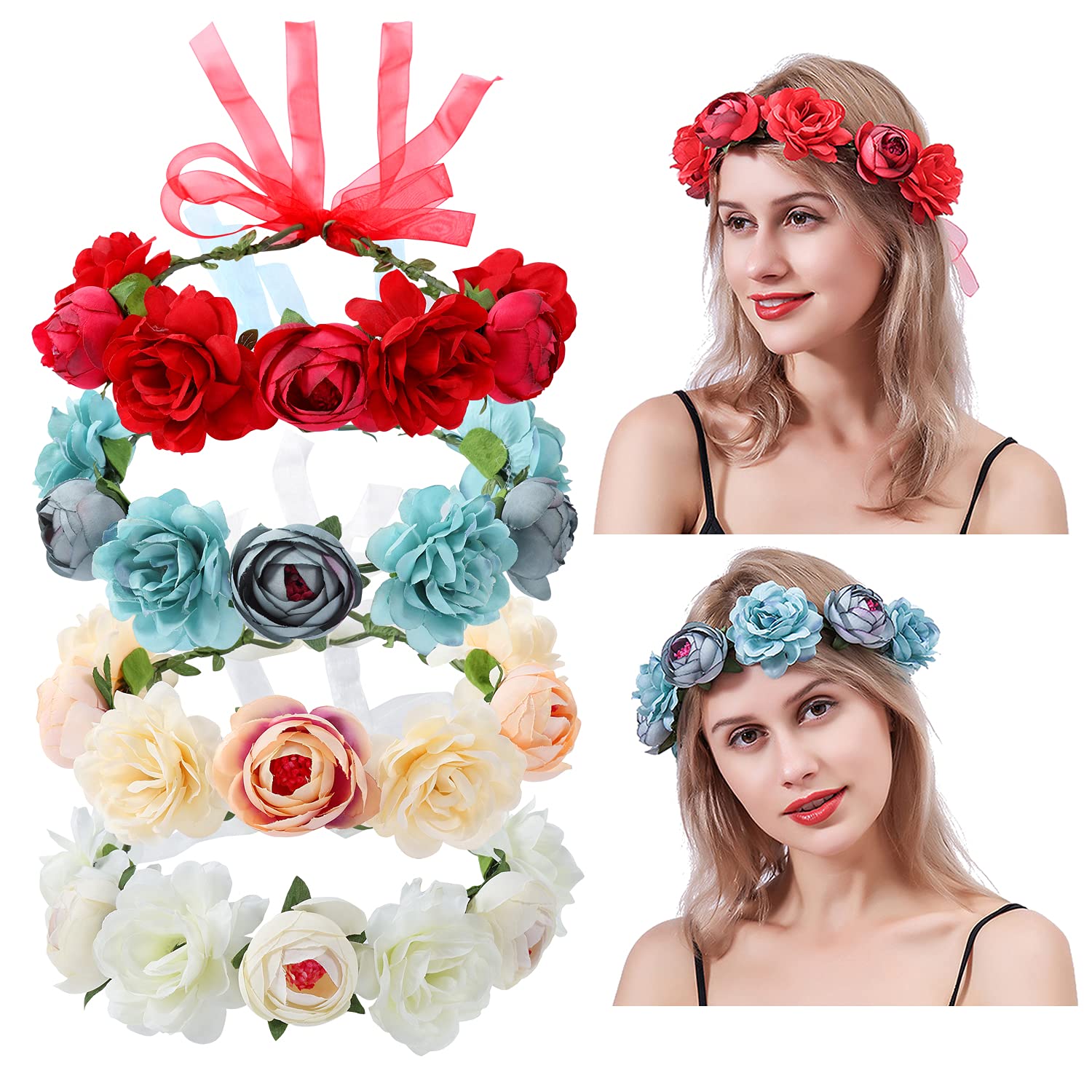 4 Pack Handmade Adjustable Floral Rose Wreath Crown Headbands - Elegant Wedding & Party Hair Accessories for Women, Brides, Bridesmaids, Girls & Teens | Perfect for Boho Weddings, Bridal Showers, Birthday Parties & Photo Shoots