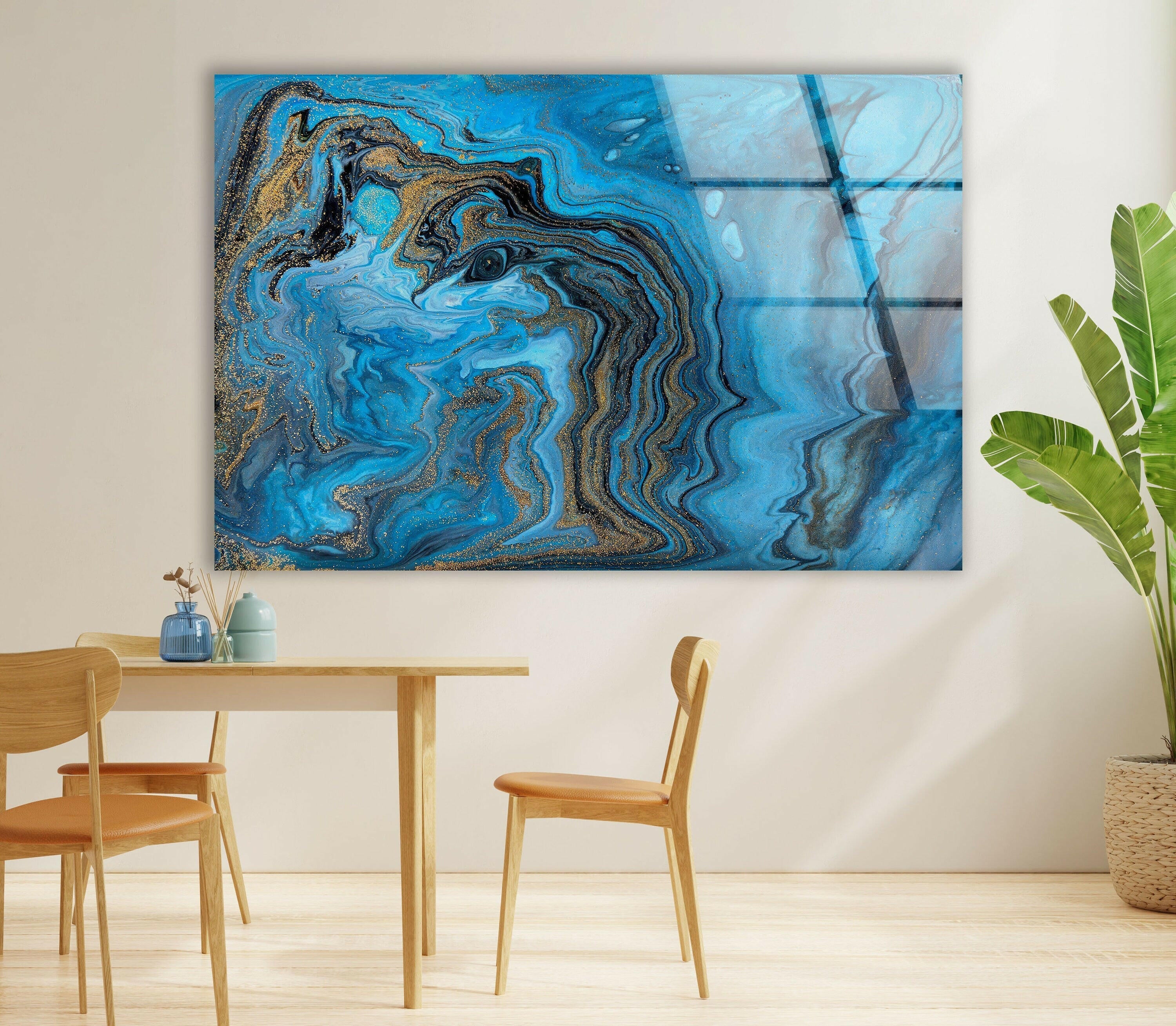 Blue and Gold Alcohol Ink Art Glass Wall Decor - Handmade Modern Abstract Painting for Living Room, Bedroom & Office