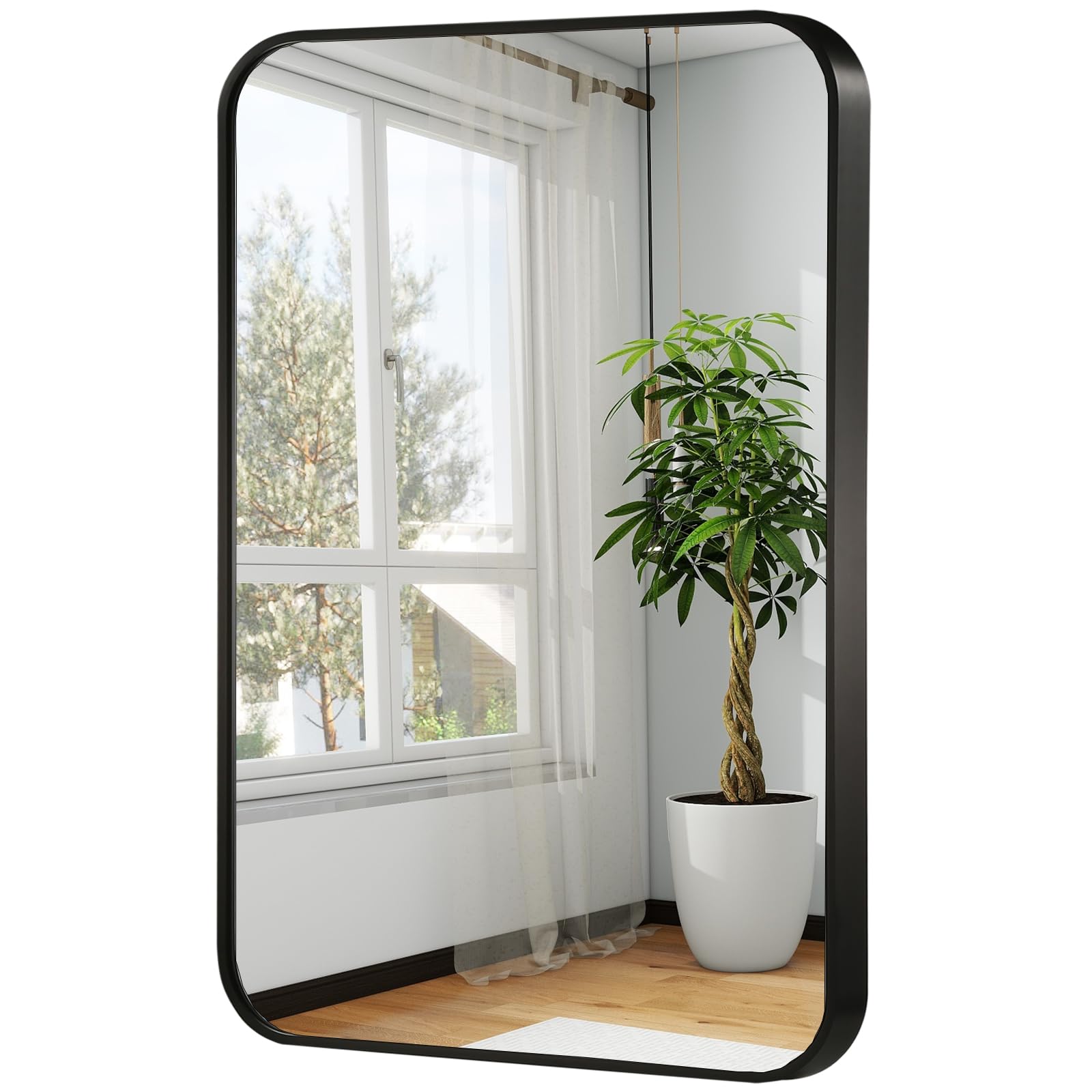 22x30 Inch Black Brushed Metal Framed Wall Mirror with Rounded Corners - Rectangle Bathroom Vanity Mirror for Bedroom, Living Room or Entryway (Horizontal/Vertical Mounting) - Perfect for Modern Home Decor, Makeup Application and Space Enhancement