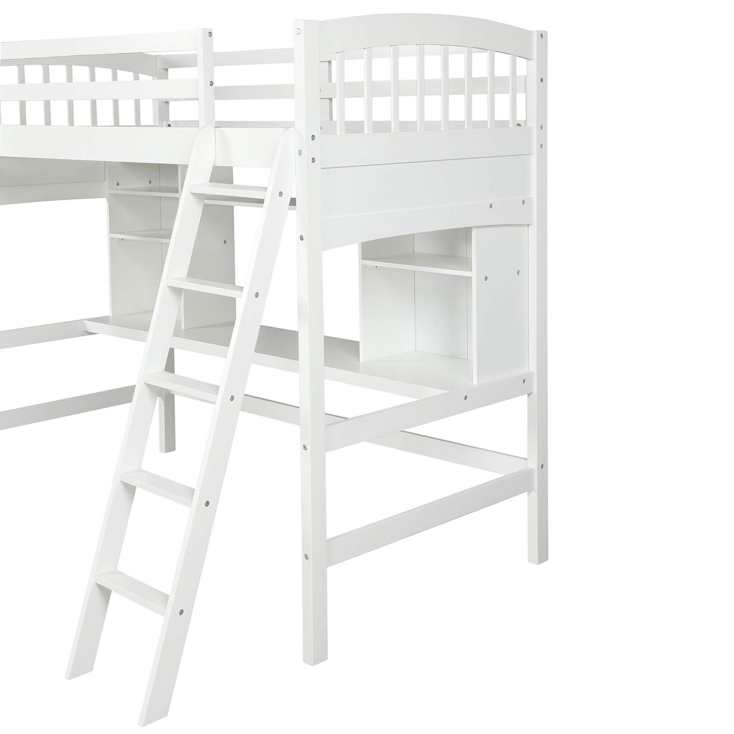 Merax Twin Loft Bed with Desk - Solid Wood Twin Size Loft Bed Frame with Shelves in White | Space-Saving Kids Bedroom Furniture for Small Rooms & Dorm Organization