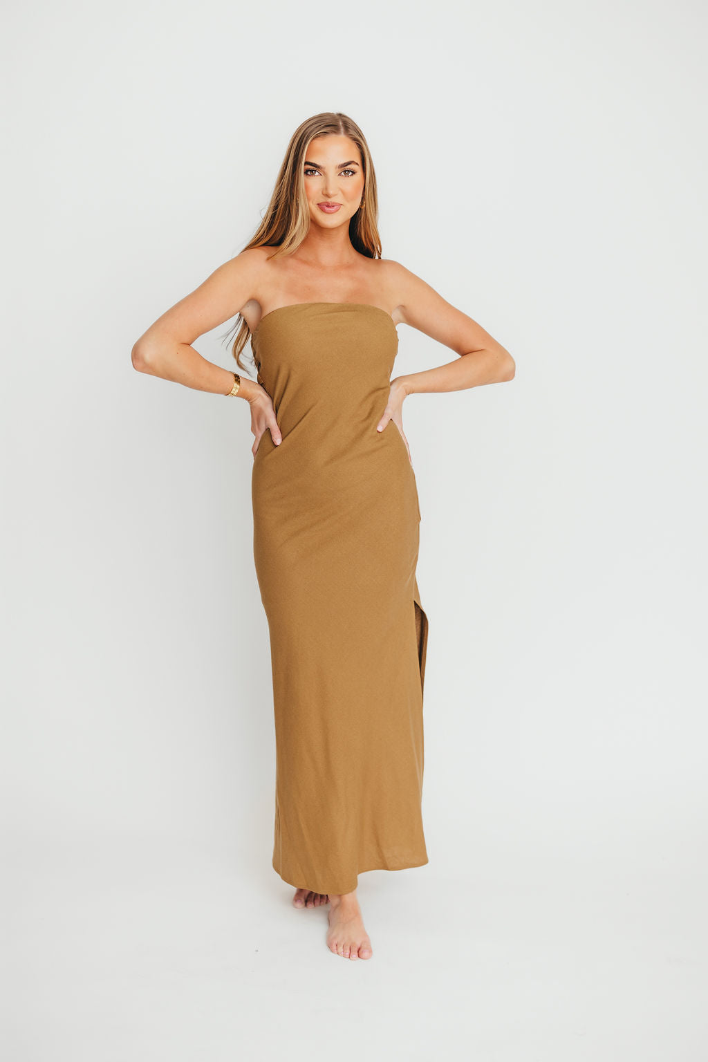 Naidelyn Strapless Maxi Dress - Elegant Golden Palm Print Summer Beach Wedding Party Gown - Perfect for Vacations, Date Nights & Formal Events
