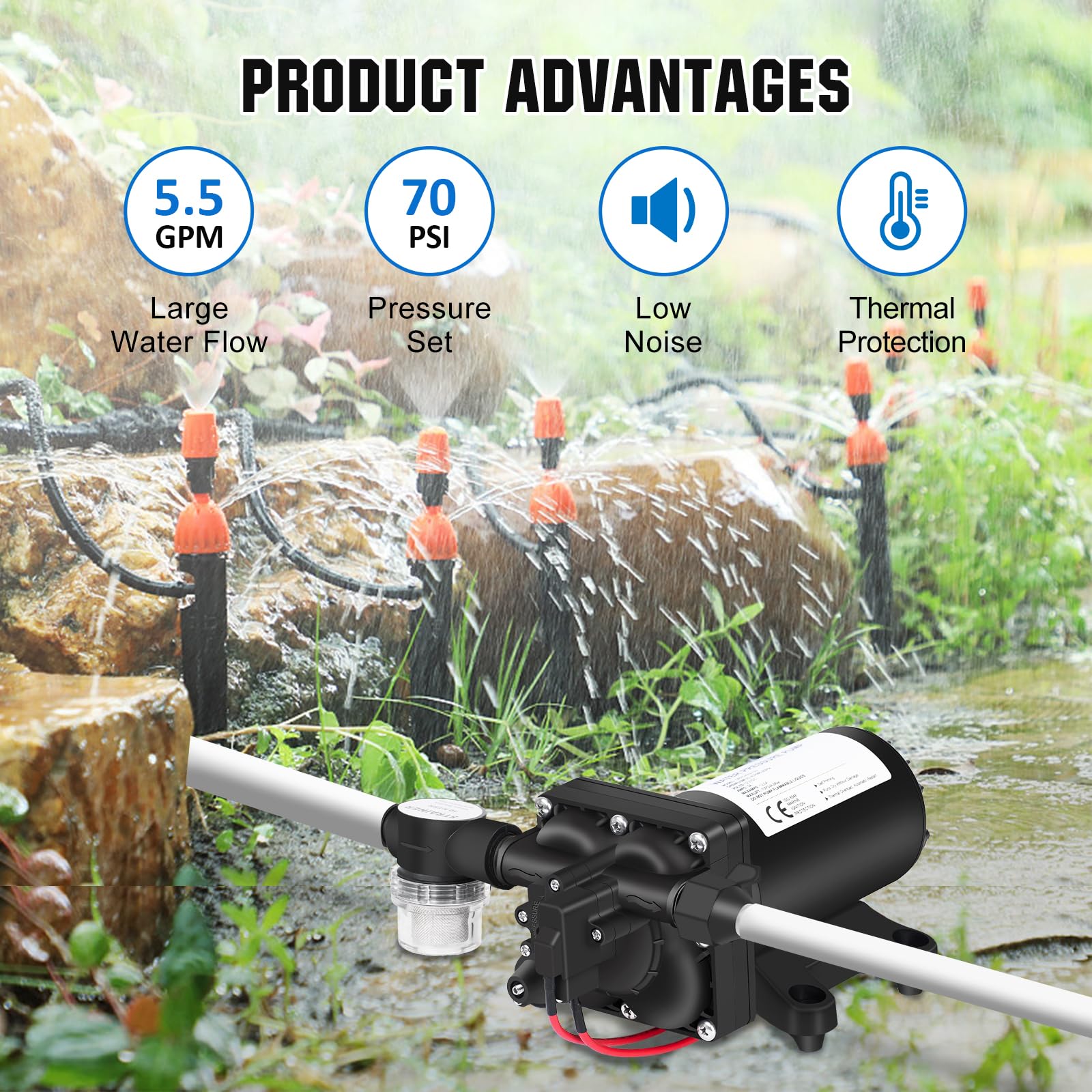 ECO-WORTHY Upgraded 12V RV Water Diaphragm Pump - 5.5GPM 70PSI, 12 Volt Fresh Water Pressure Pump On Demand for RV, Yacht, Marine, Shower, Garden & Kitchen Use - Perfect for Off-Grid Living, Camping & Outdoor Water Supply