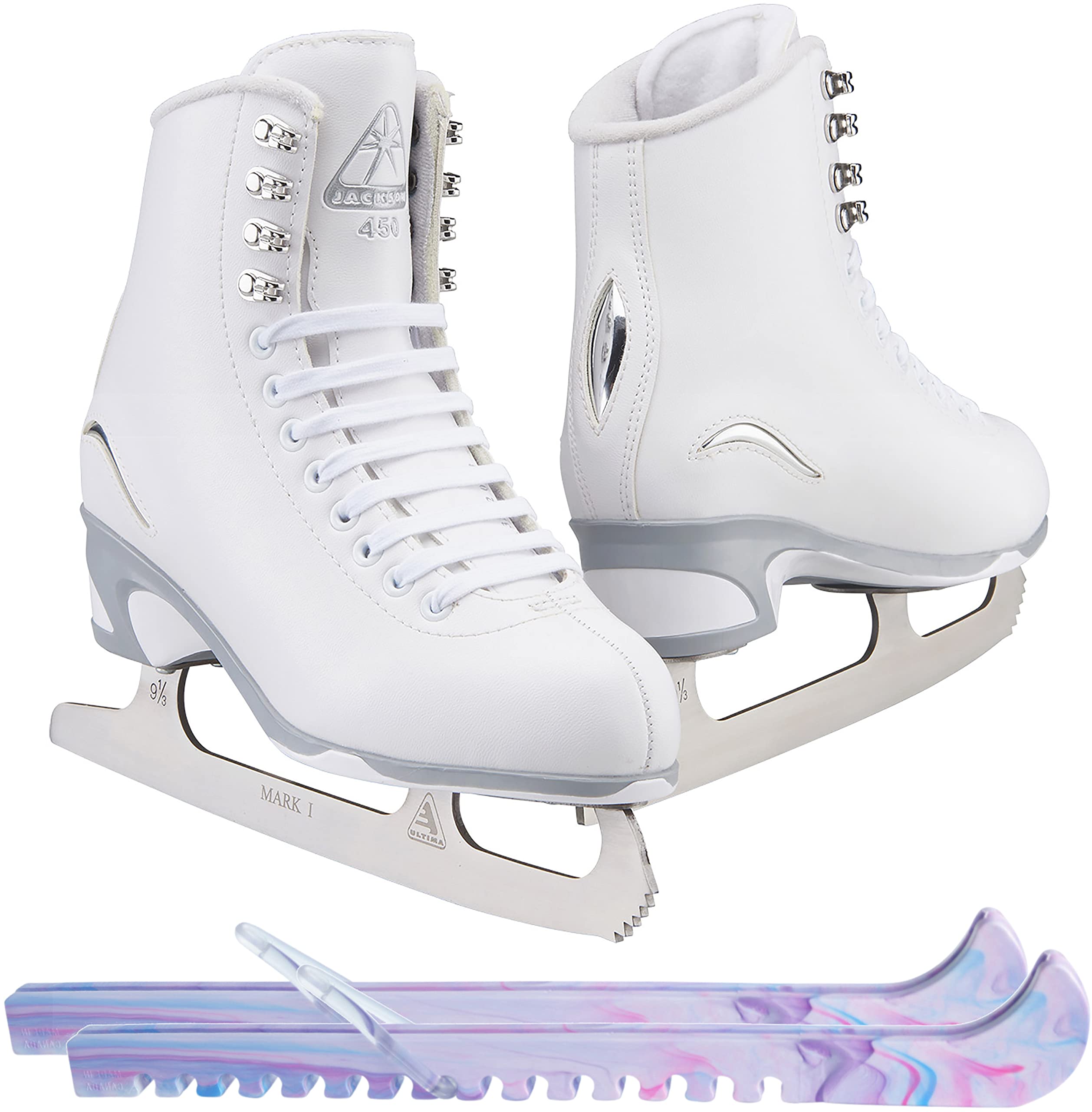 Jackson Ultima Women's & Girls' Figure Ice Skates - White Color with Guardog Berry Blend Swirlz Skate Guards | Perfect for Ice Skating Lessons, Recreational Skating & Competitive Training