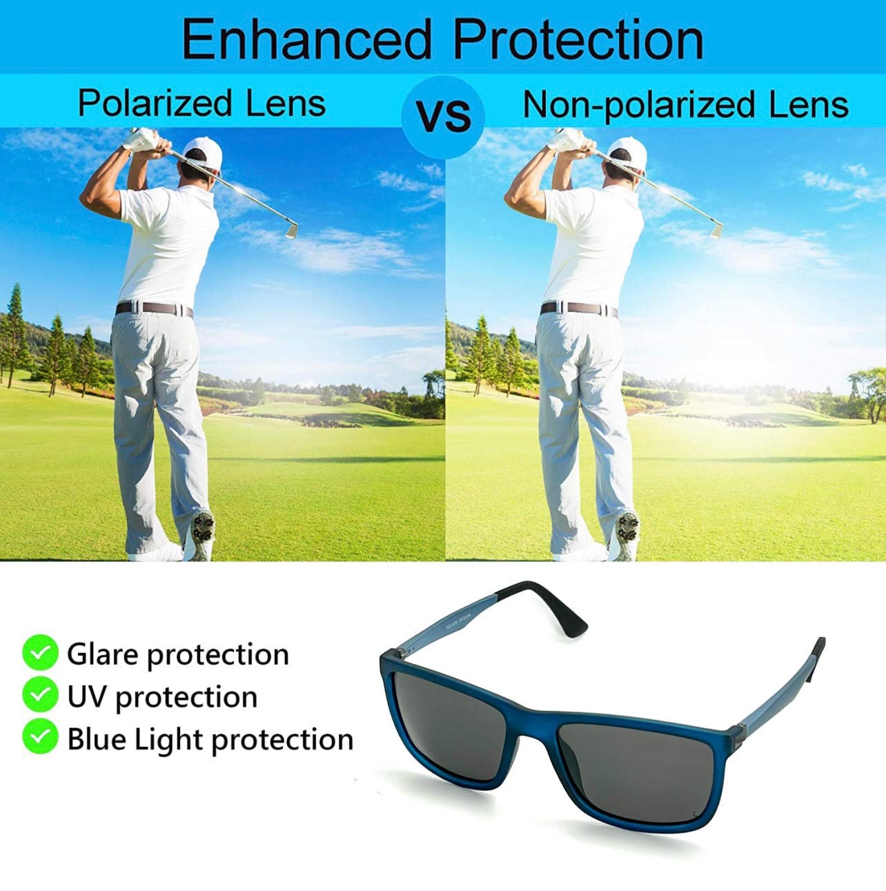 Polarized Square Sunglasses for Women & Men - UV Protection Rectangular Classic Shades for Driving, Fishing, Outdoor & Sports Activities