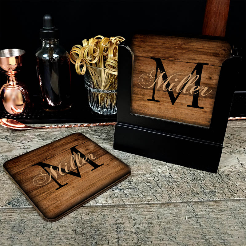 Personalized Monogram Wooden Square Coasters - Set of 4 - Custom Engraved Drink Coasters for Home, Bar, Office & Wedding Gifts