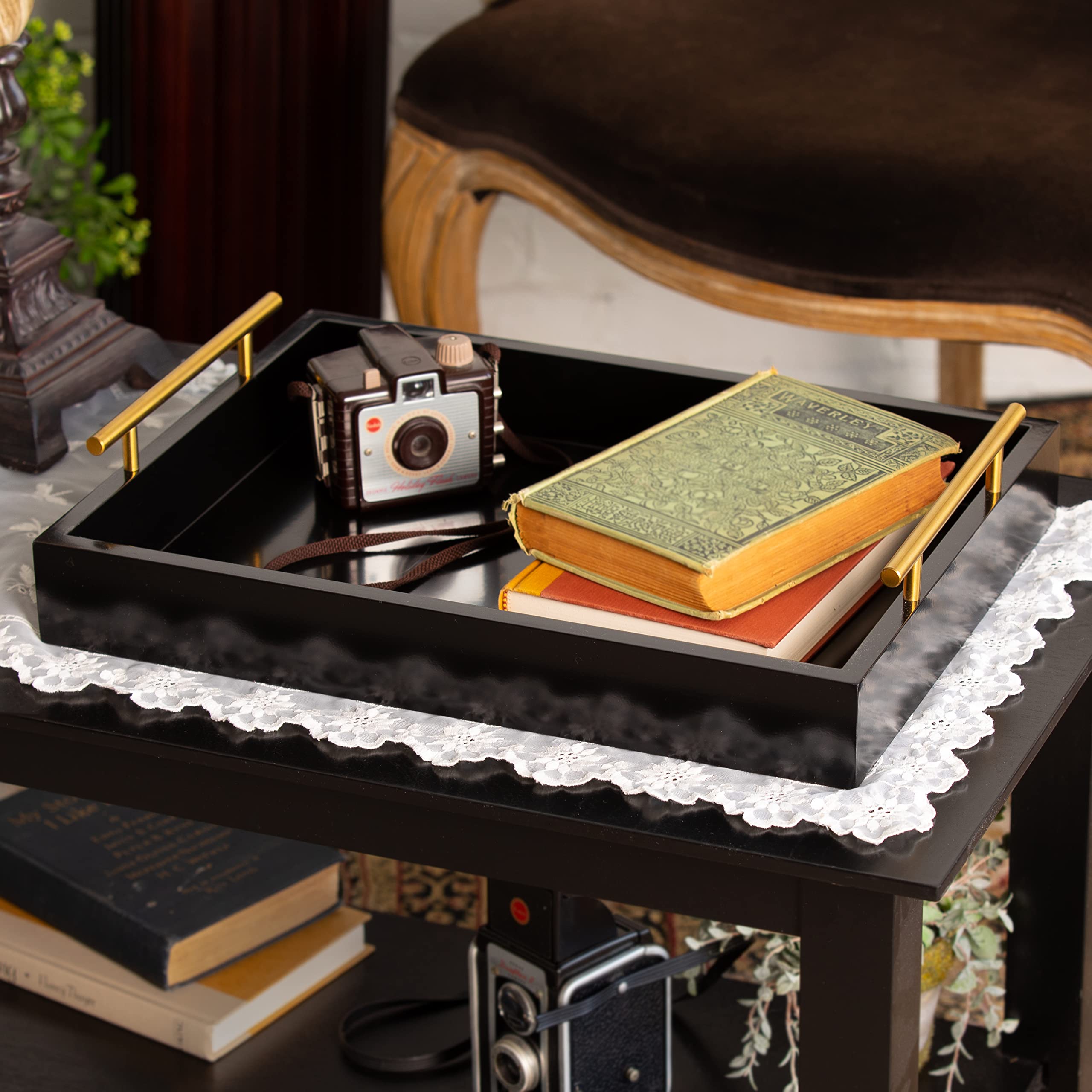 Premium Black Wooden Serving Tray with Metal Handles - 16