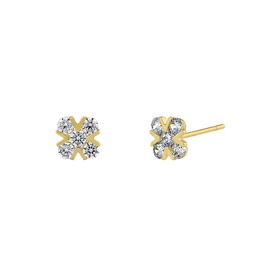14K Solid Yellow Gold X-Shaped CZ Stud Earrings - Sparkling Round Cubic Zirconia for Women, Perfect for Parties, Weddings & Everyday Elegance