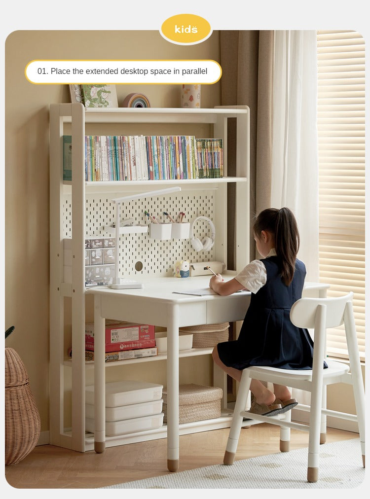 Birch Solid Wood Bookshelf - Modern Cream Floor Standing Bookcase with Adjustable Study Desk for Kids | Perfect for Children's Bedroom, Nursery, and Home Office Organization