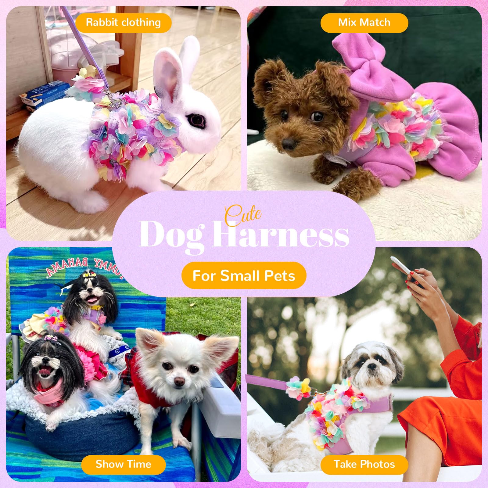Cute Purple Lace Floral Dog Harness and Leash Set - Soft Mesh Escape Proof Vest for Small Dogs & Cats - Perfect for Walking, Training, and Outdoor Adventures