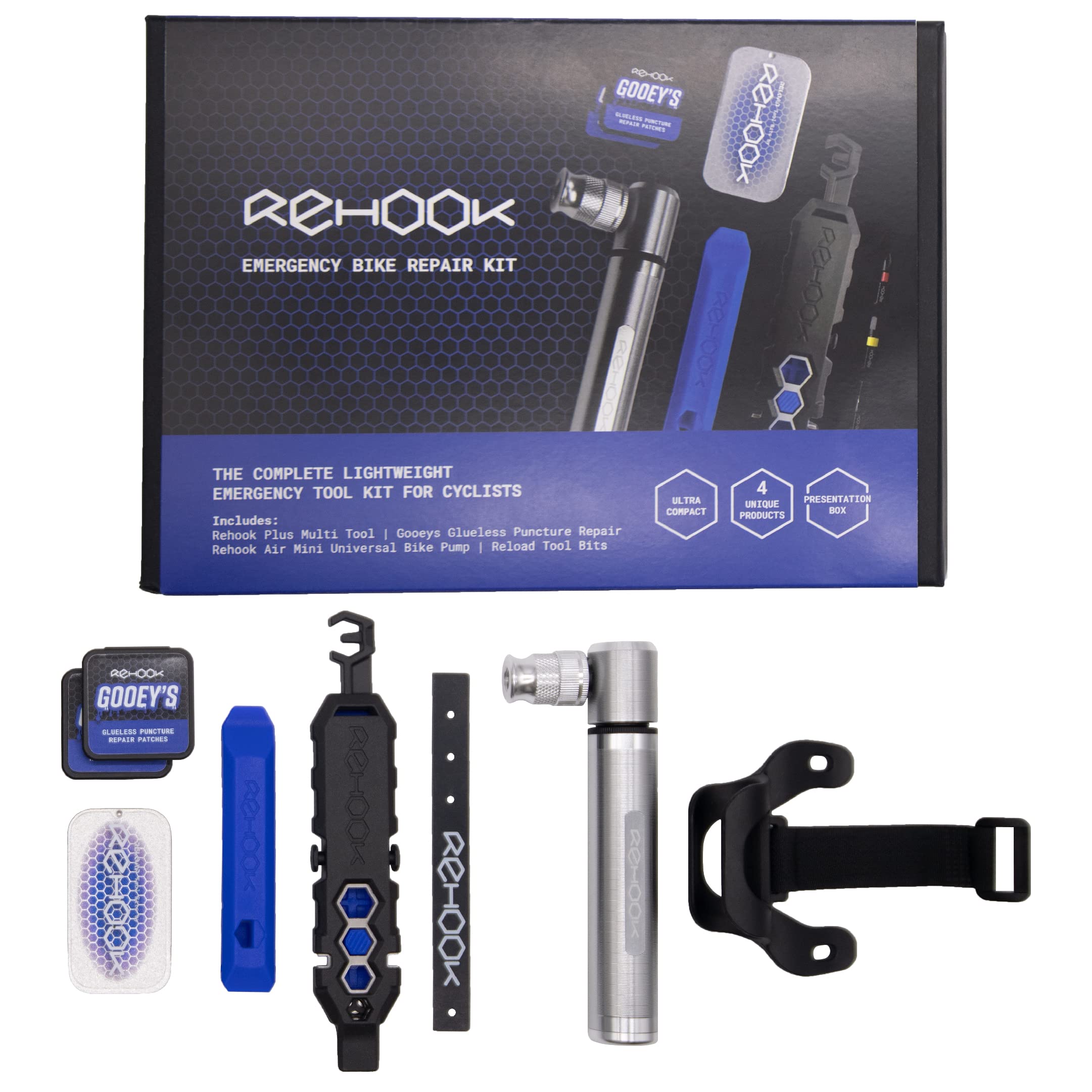 Rehook Emergency Bike Repair Kit - Lightweight Cycling Multi Tool with Bike Pump, Tire Levers & Glueless Puncture Patches | Portable Bicycle Maintenance Kit for Road & Mountain Bikes | Perfect for Commuting, Touring & Trail Rides