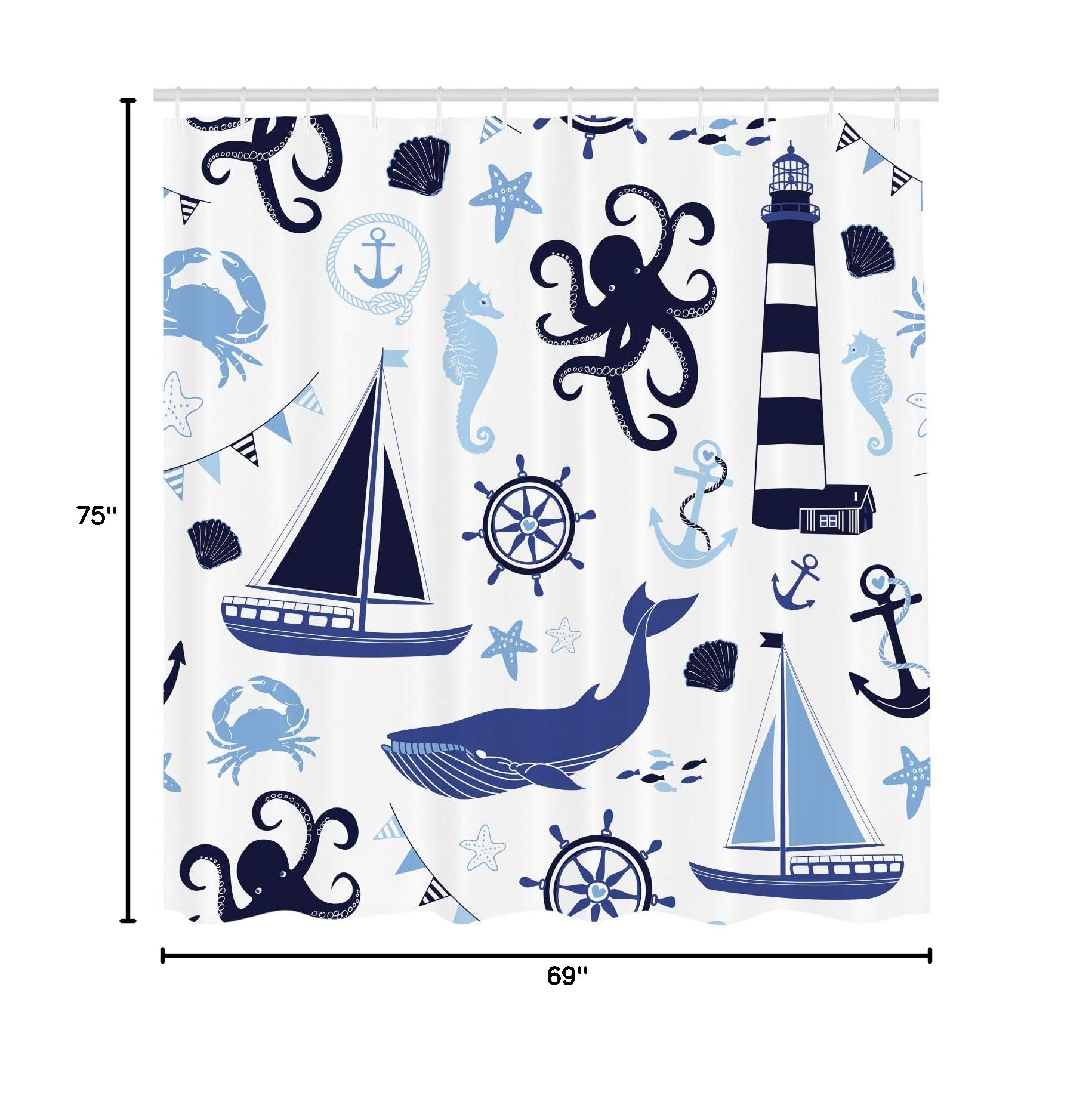 Ambesonne Nautical Shower Curtain - Pastel Blue Lighthouse Sailboat Fish Shells Octopus Design, Waterproof Fabric Bathroom Decor Set with Hooks, 69