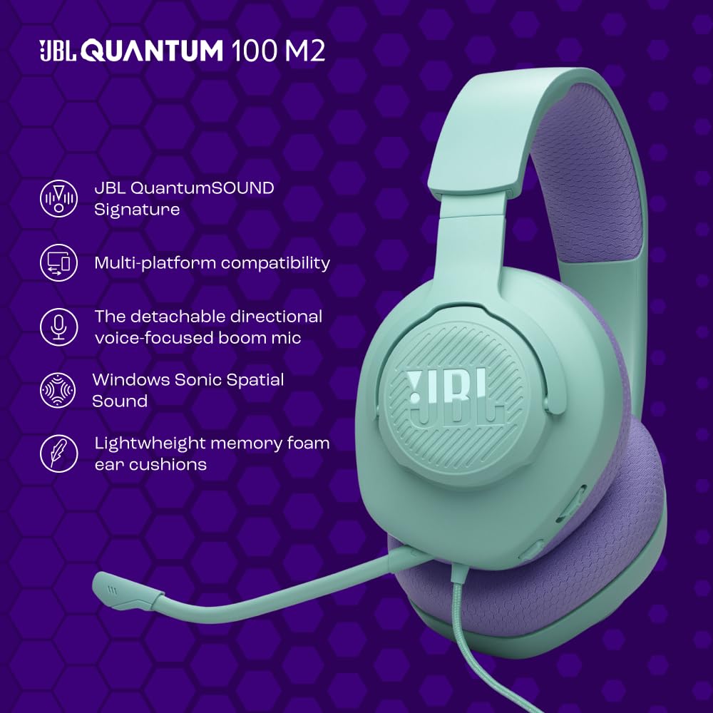 JBL Quantum 100M2 Wired Over-Ear Gaming Headset with QuantumSOUND - Detachable Mic & Multi-Platform 3.5mm Jack (PC, PS4, Xbox, Mobile) for Immersive Gaming & Online Meetings - Cyan