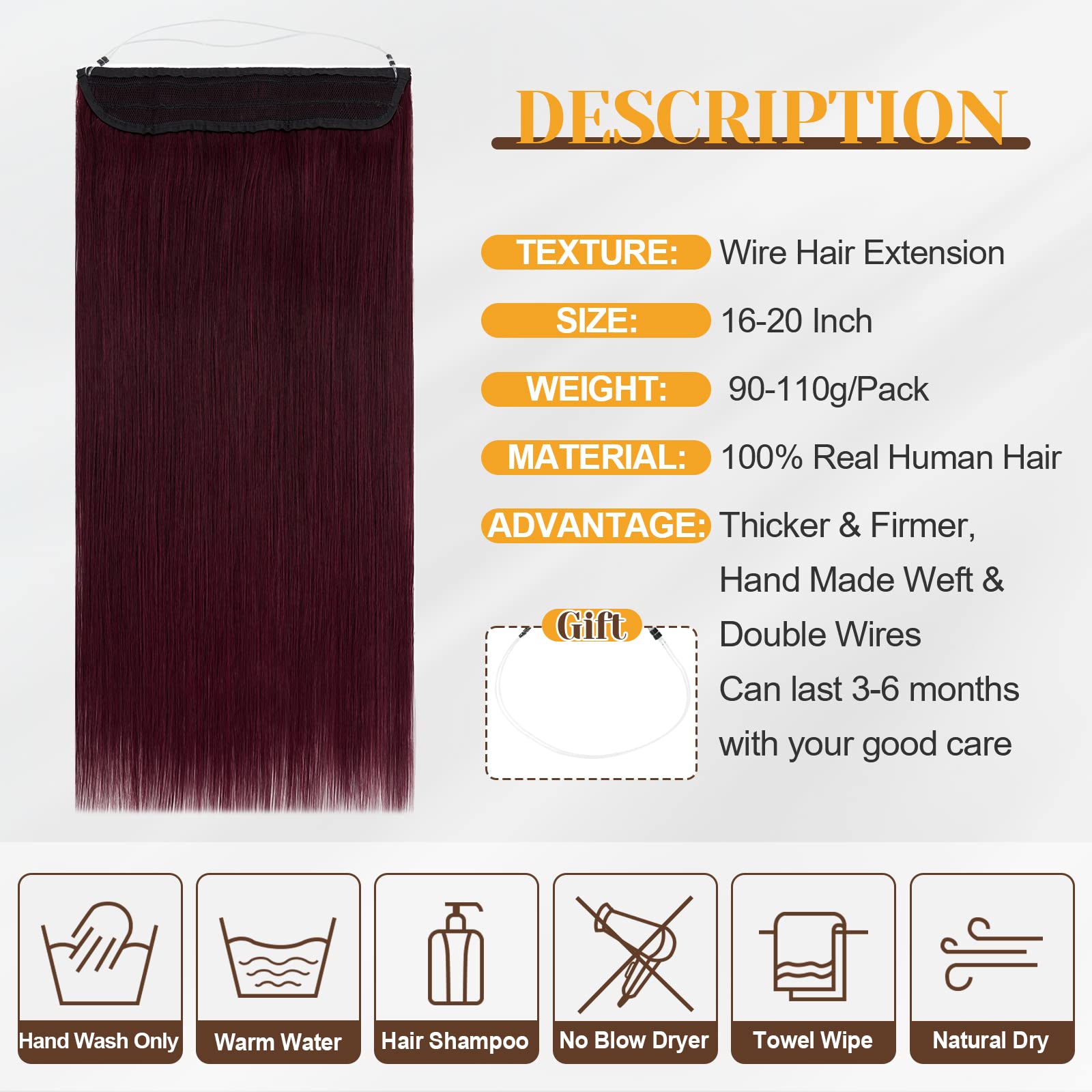 18 Inch 100g Wine Red Human Hair Extensions with Thick Ends & Invisible Wire - Real Human Hair with 2 Fish Lines for Thicker, Natural-Looking Hairpieces | Perfect for Women's Daily Styling, Parties & Special Occasions