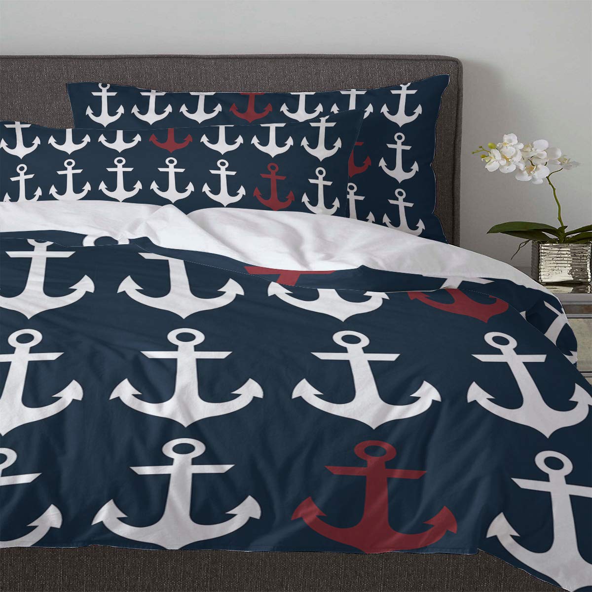 Nautical Anchor 3-Piece Duvet Cover Set - Navy & Red Soft Comforter Cover with Pillowcases, Full Size | Washable Bedding Set for Coastal Themed Bedroom Decor