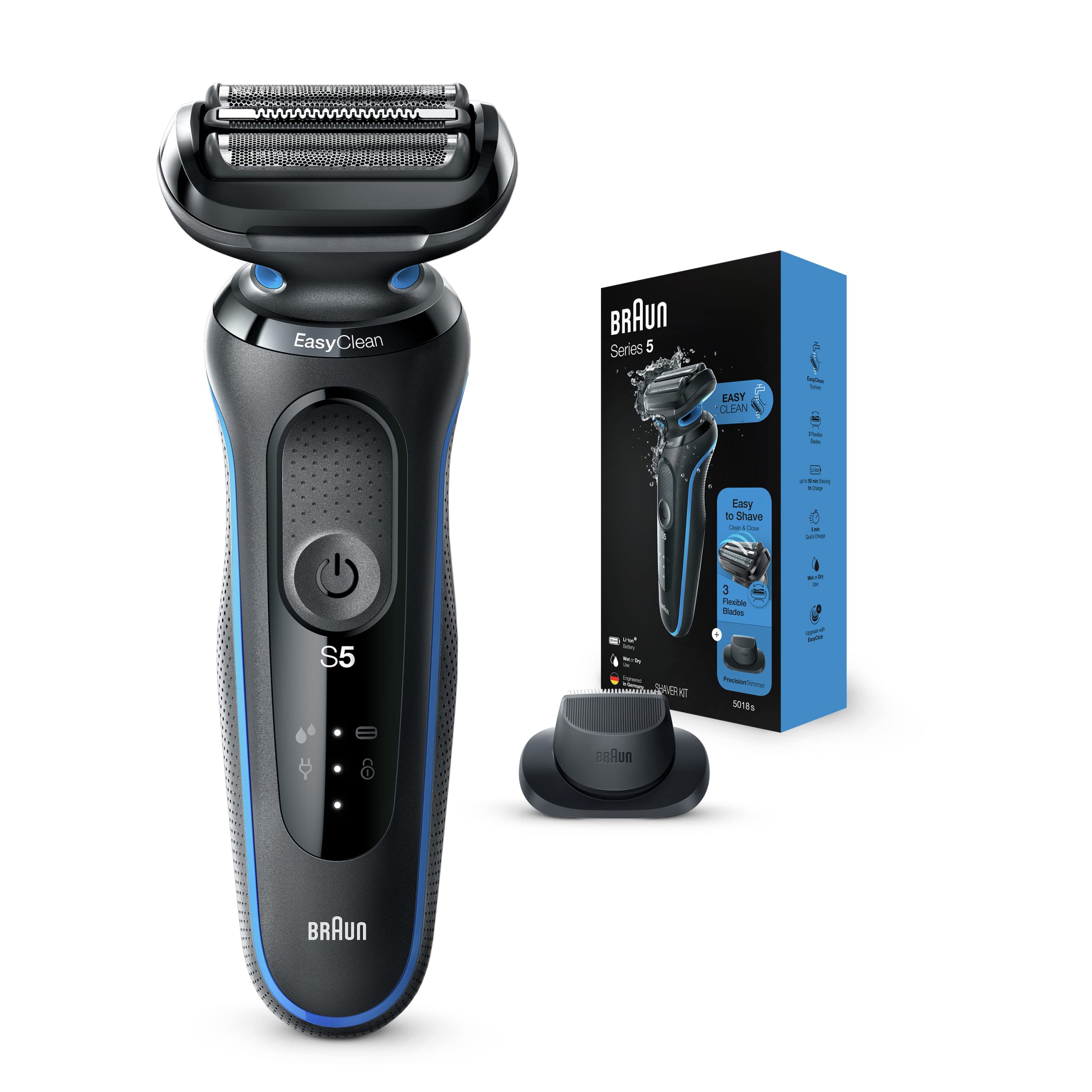Braun Series 5 5018s Men's Electric Razor - Rechargeable Wet/Dry Foil Shaver with Precision Beard Trimmer & EasyClean System | Includes Replacement Head | Perfect for Travel, Daily Shaving & Grooming at Home or Gym