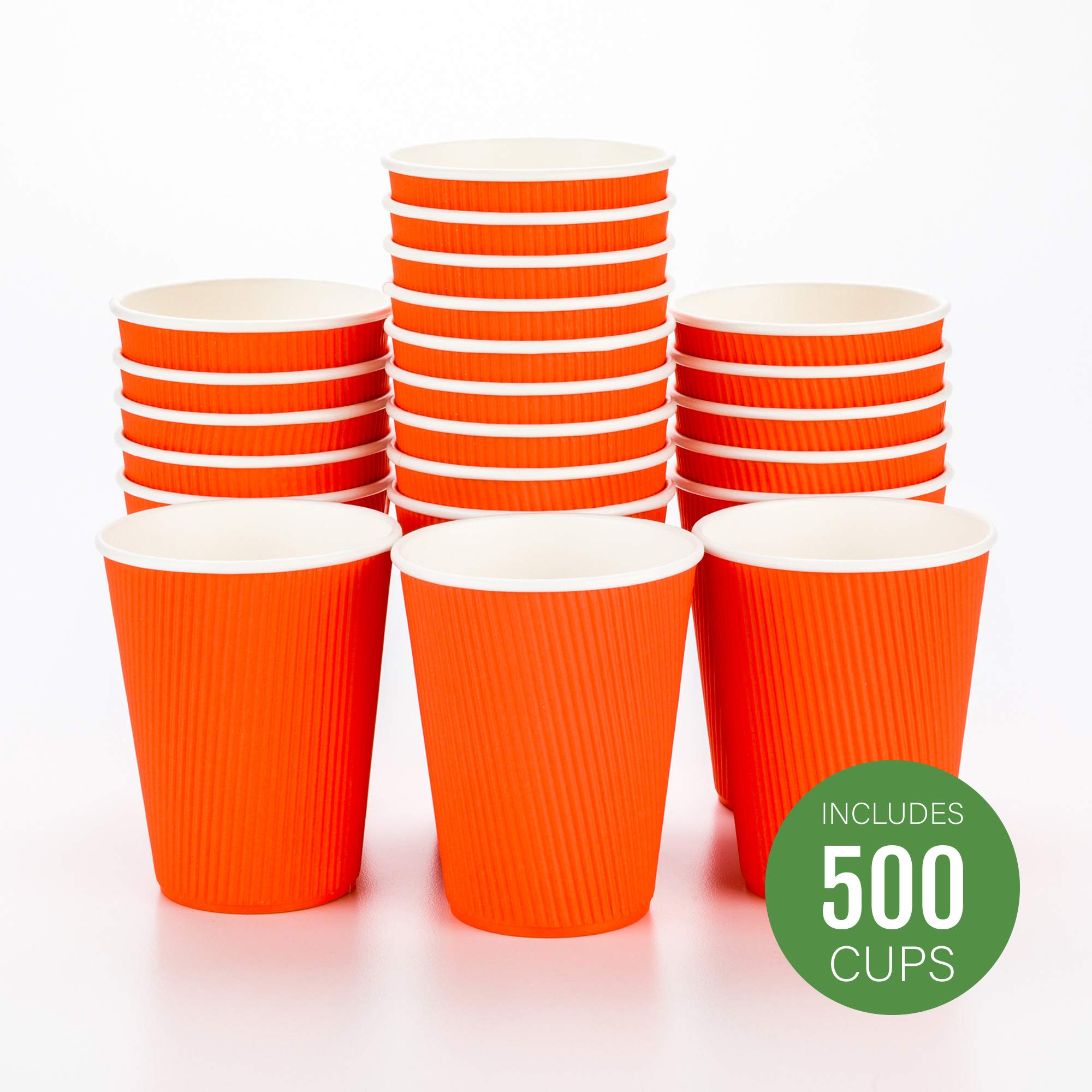 12oz Disposable Coffee Cups - 500 Pack Double Wall Hot Cups with Rolled Rim | Orange Insulated Paper Cups for Coffee, Tea, Hot Chocolate | Perfect for Cafes, Offices, Catering & Events (Lids Sold Separately)