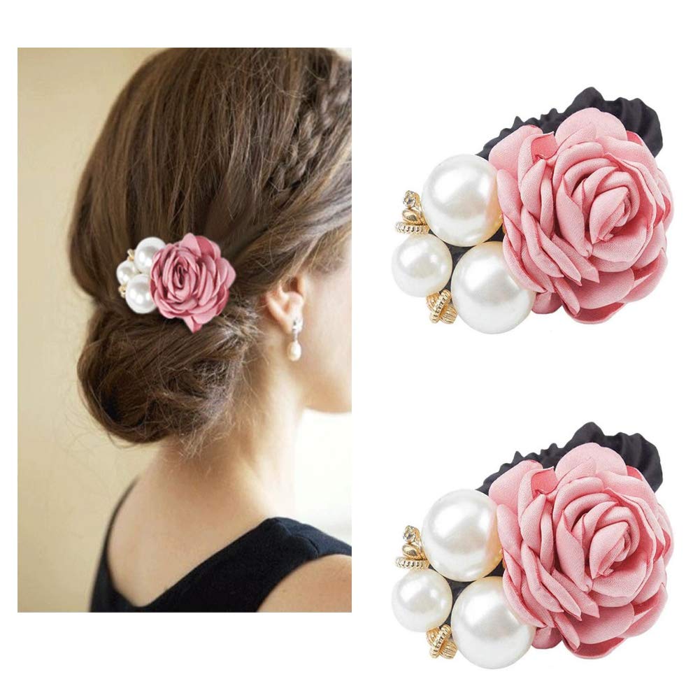 AKOAK Retro Pearl Rose Headband - High Elastic Hair Accessories for Women, Elegant Artificial Pearl Hair Circle, Velvet Ponytail Holder (Korean Pink) - Perfect for Weddings, Parties & Daily Fashion Styling