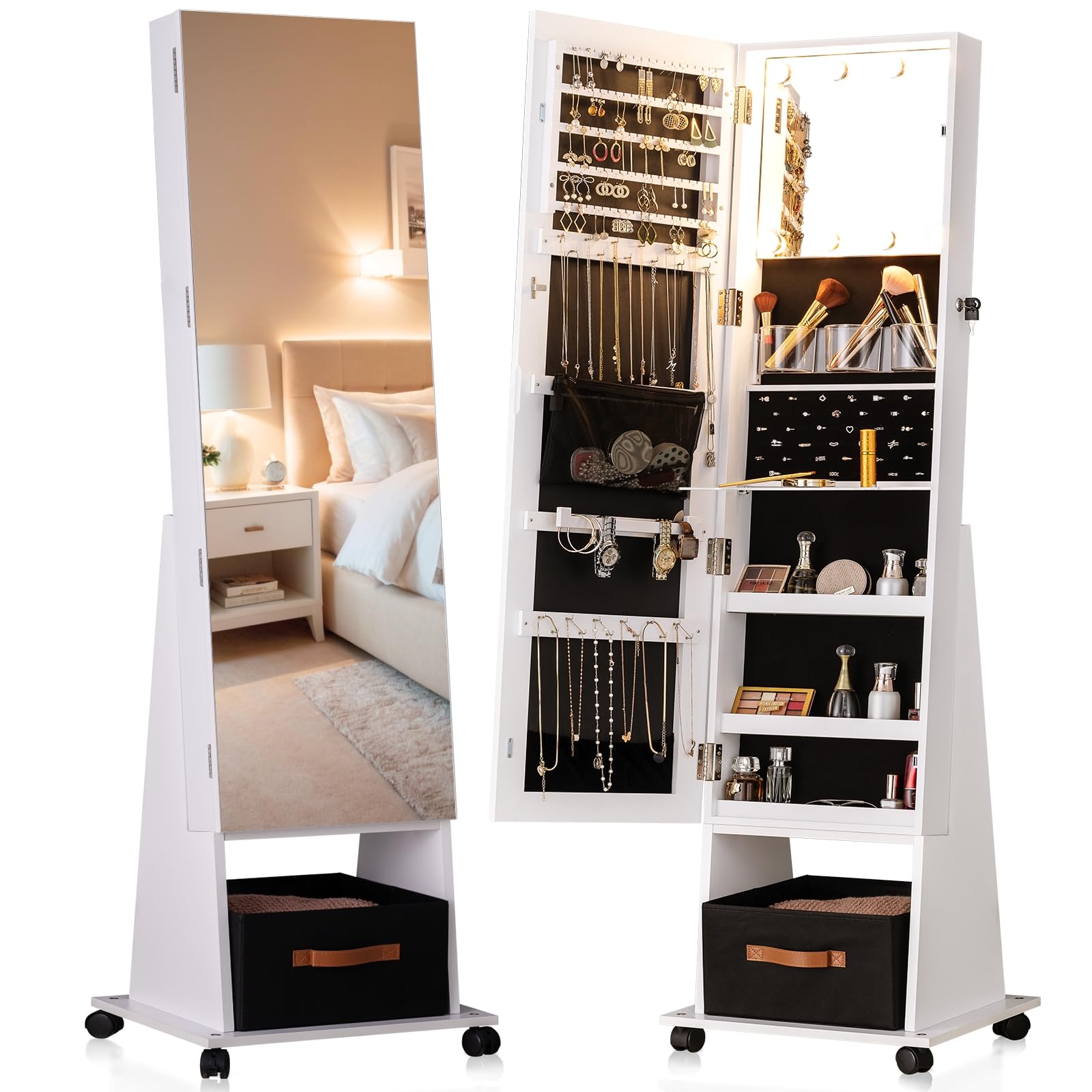 LUXFURNI 8 LED Rotating Jewelry Armoire with Full Length Mirror - 66
