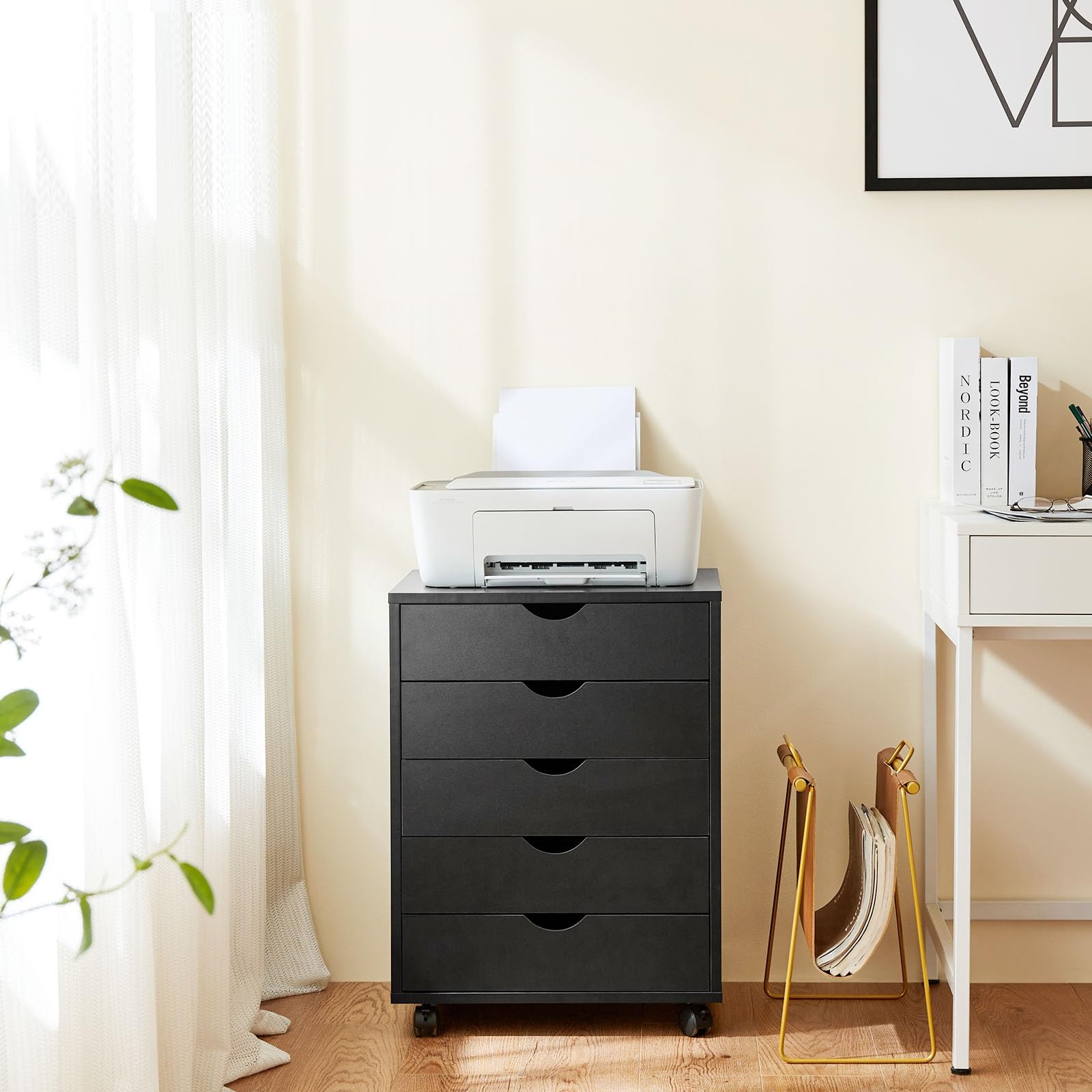 NEWBULIG 5-Drawer Wooden Storage Organizer with Wheels - Rolling File Cabinet, Printer Stand for Home Office, Study & Dressing Room Organization (Ideal for Document Storage & Workspace Organization)