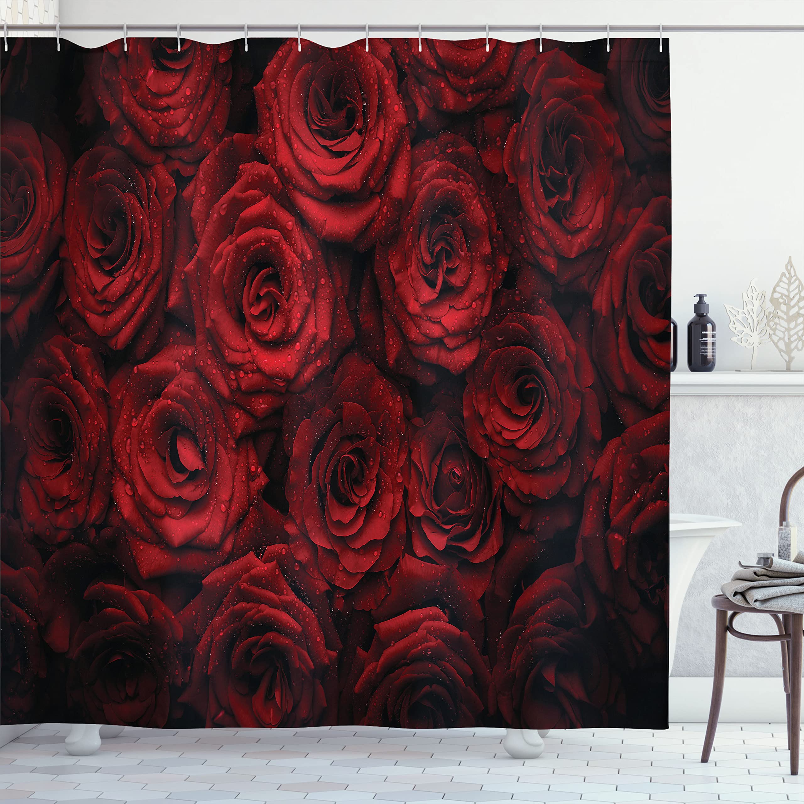 Ambesonne Romantic Roses Shower Curtain - Water Drop Floral Bouquet Love Passion Design, 69x84 Inch Black Red Fabric Bathroom Decor with Hooks | Perfect for Valentine's Day Gift, Master Bathroom Upgrade & Spa-Like Shower Experience