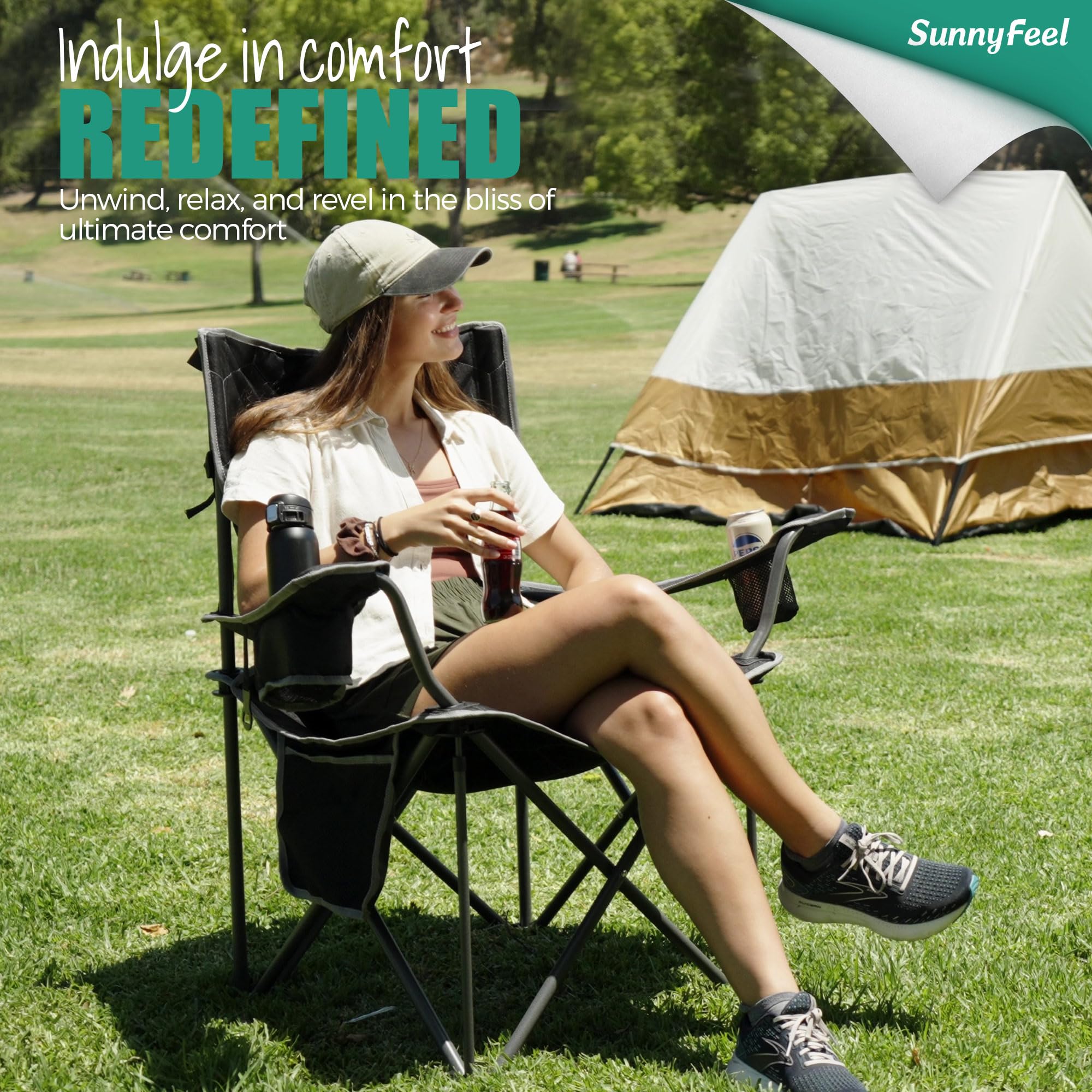 **SUNNYFEEL XL Heavy Duty Oversized Camping Chair for Adults - 500 lbs Capacity, Padded Folding Quad Arm Lawn Chair with Storage Pocket - Perfect for Outdoor, Picnic, Beach, Sports & Tailgating**