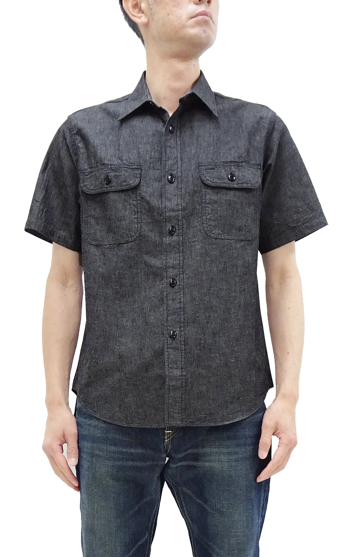 Men's Casual Short Sleeve Sugar Cane Black Chambray Button Up Shirt - SC39307 Work Shirt in One Wash Black - Perfect for Office, Outdoor & Summer Wear