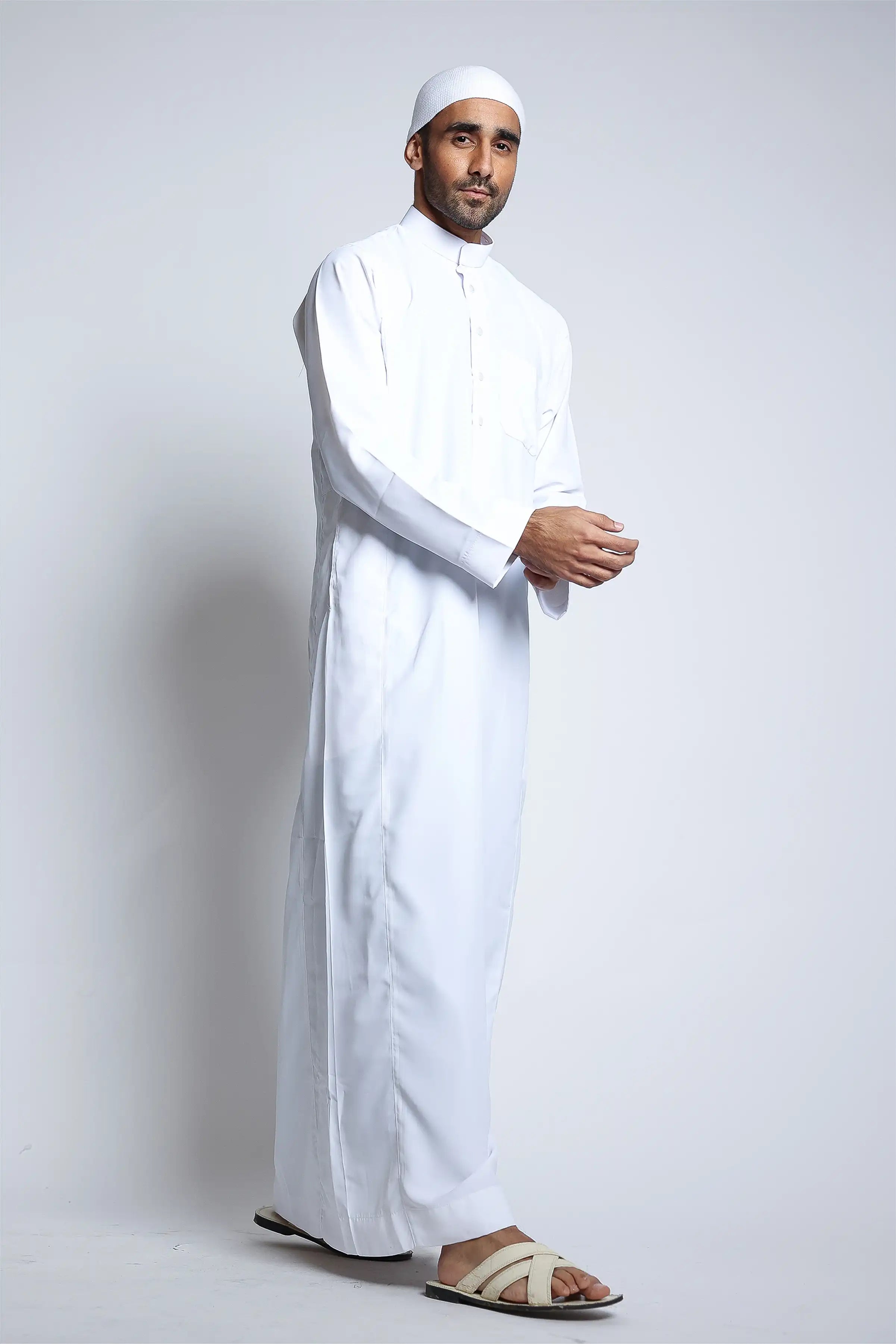 J150 White Collar Thobe for Men - Premium Embroidered Islamic Robe - Perfect for Eid, Ramadan & Special Occasions