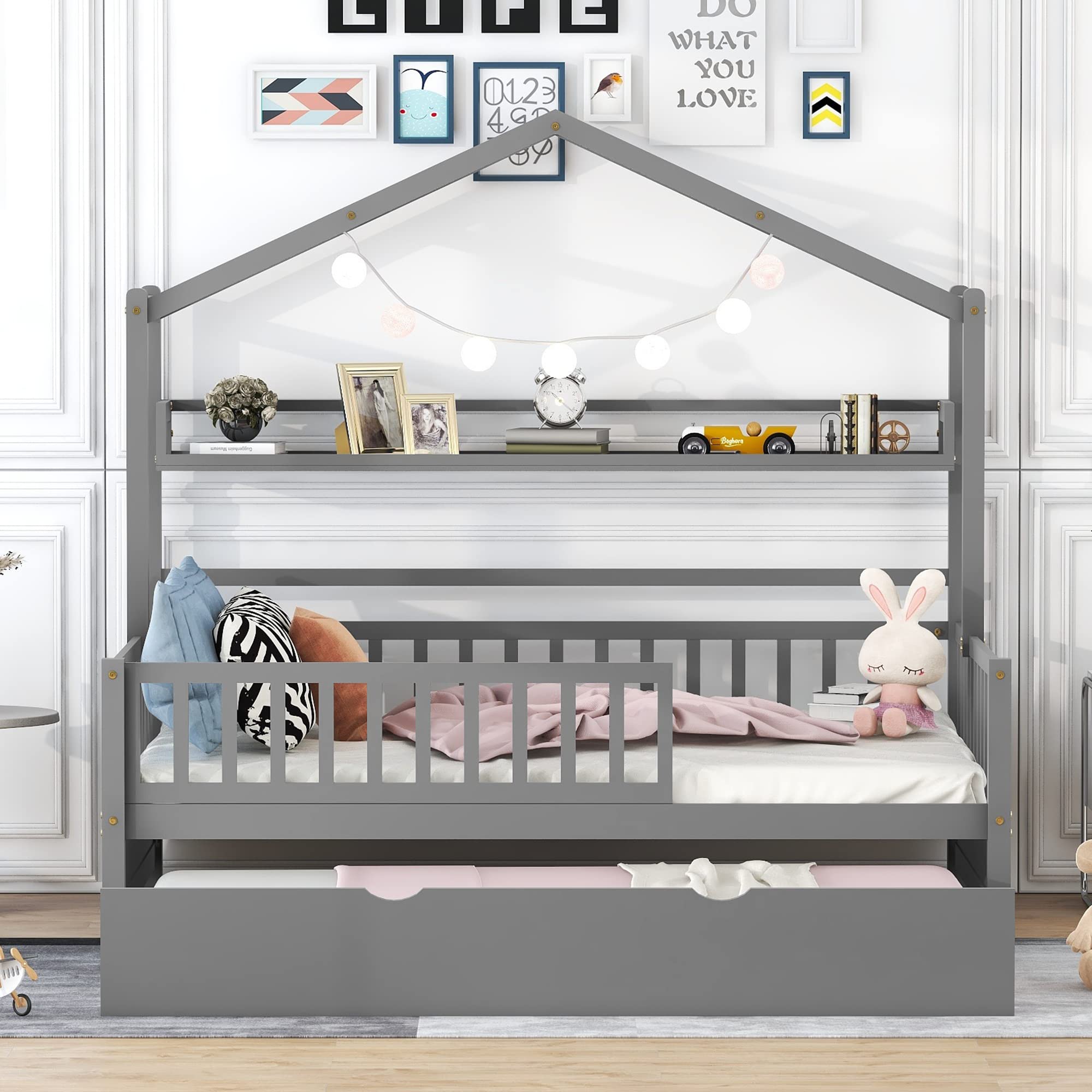 Bellemave Full Size House Bed with Trundle and Storage Shelves - Montessori Kids Bed with Safety Rails, Wooden Playhouse Tent Bed Frame for Boys & Girls (Gray) - Perfect for Bedrooms, Playrooms & Montessori Learning Spaces